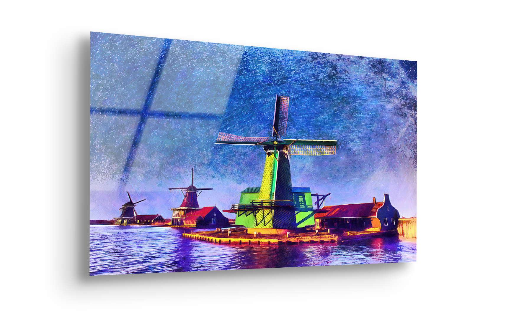 Watercolor Starry Sky Over Dutch Windmills | Premium HD Metal Wall Art