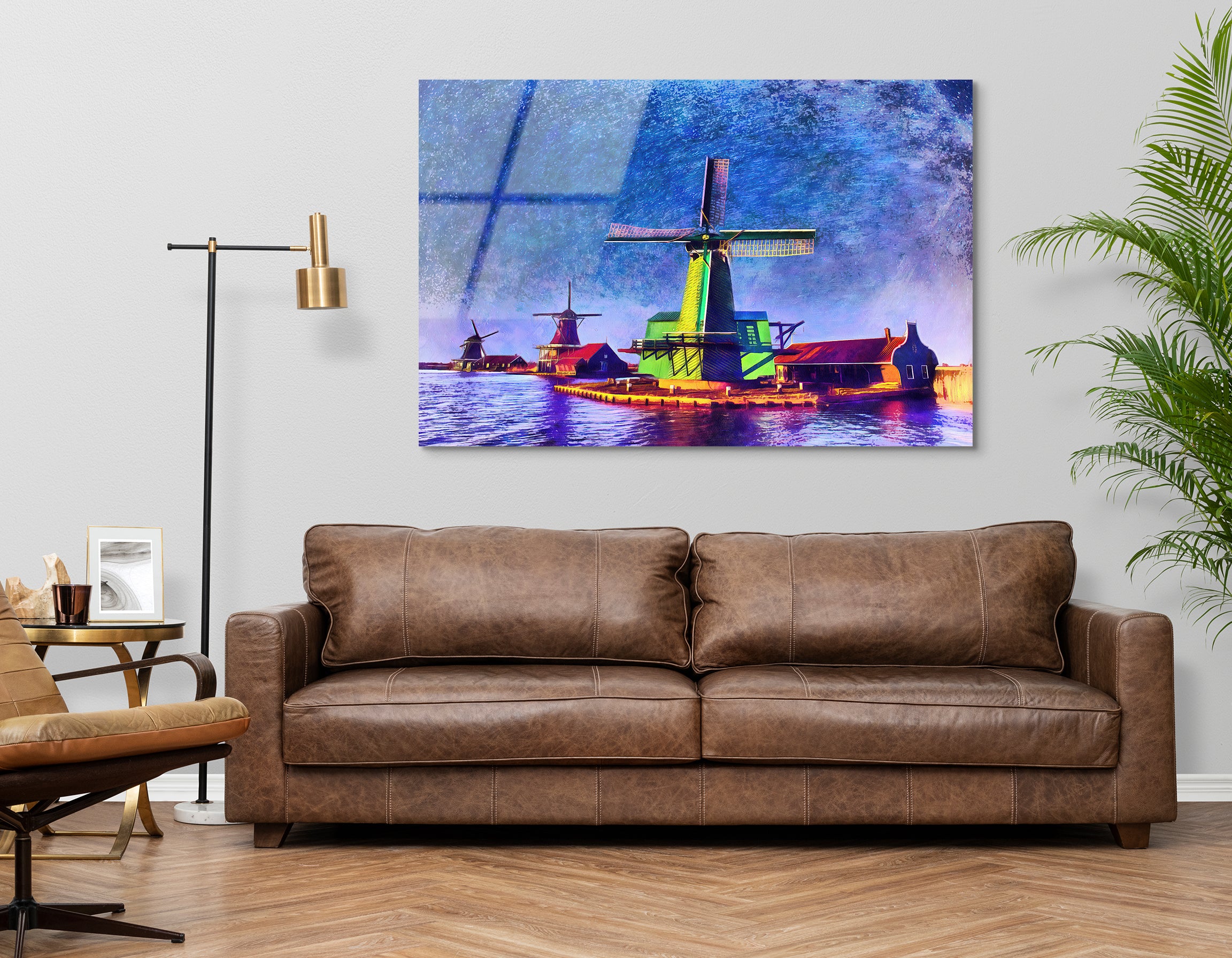 Watercolor Starry Sky Over Dutch Windmills | Premium HD Metal Wall Art