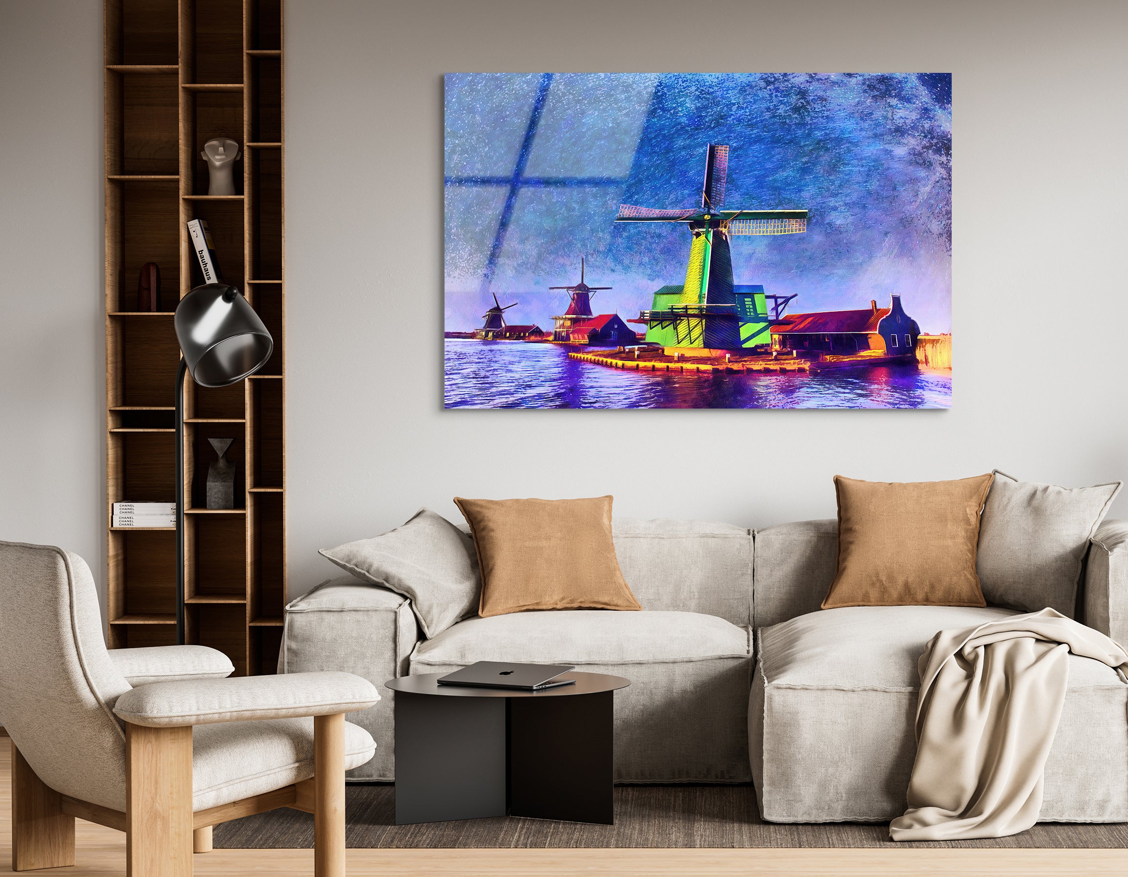 Watercolor Starry Sky Over Dutch Windmills | Premium HD Metal Wall Art