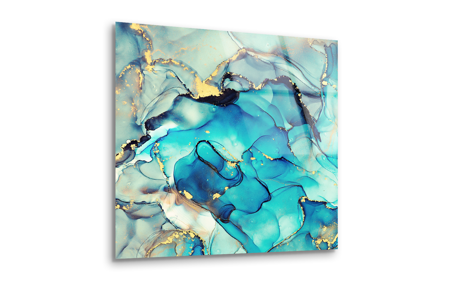 Cyan Blue Liquid Watercolor with Golden Stains | Premium HD Metal Wall Art