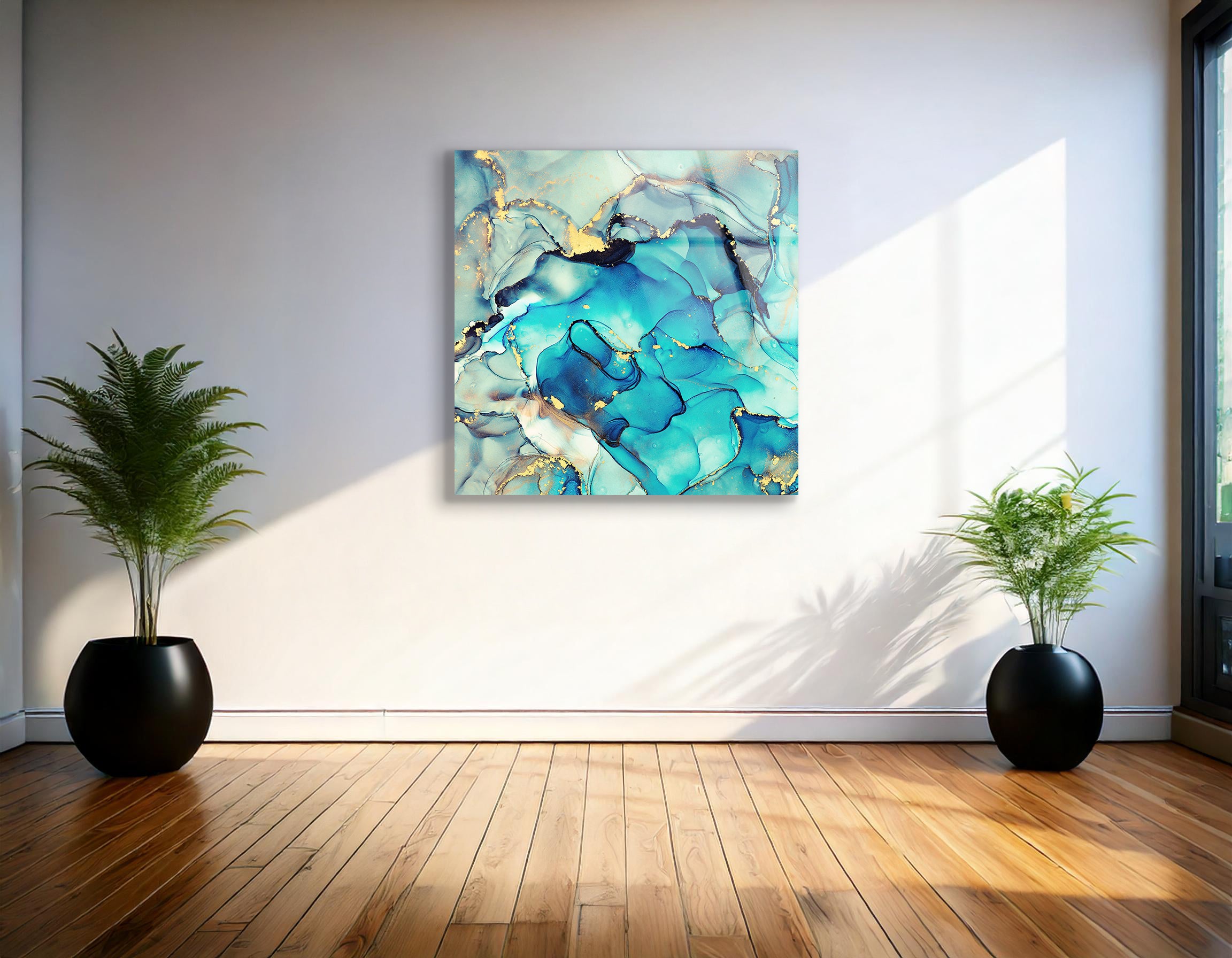 Cyan Blue Liquid Watercolor with Golden Stains | Premium HD Metal Wall Art