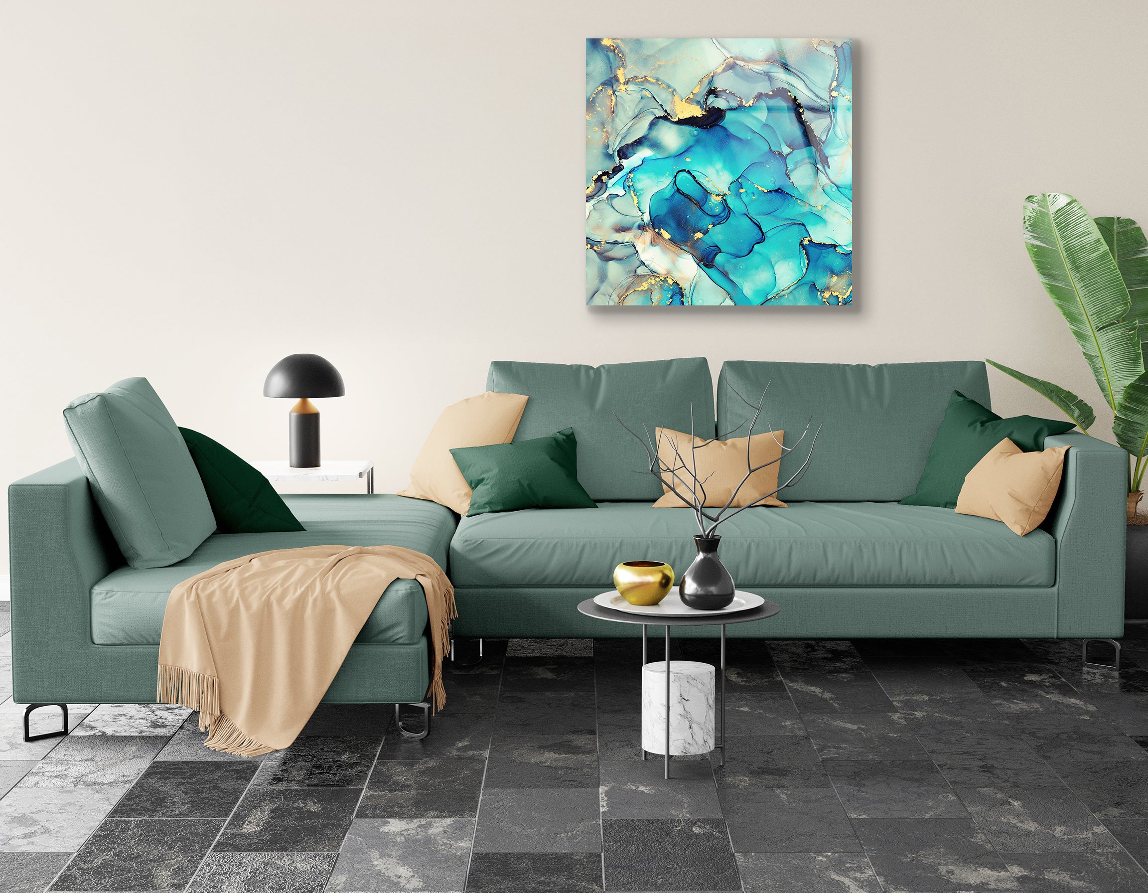 Cyan Blue Liquid Watercolor with Golden Stains | Premium HD Metal Wall Art