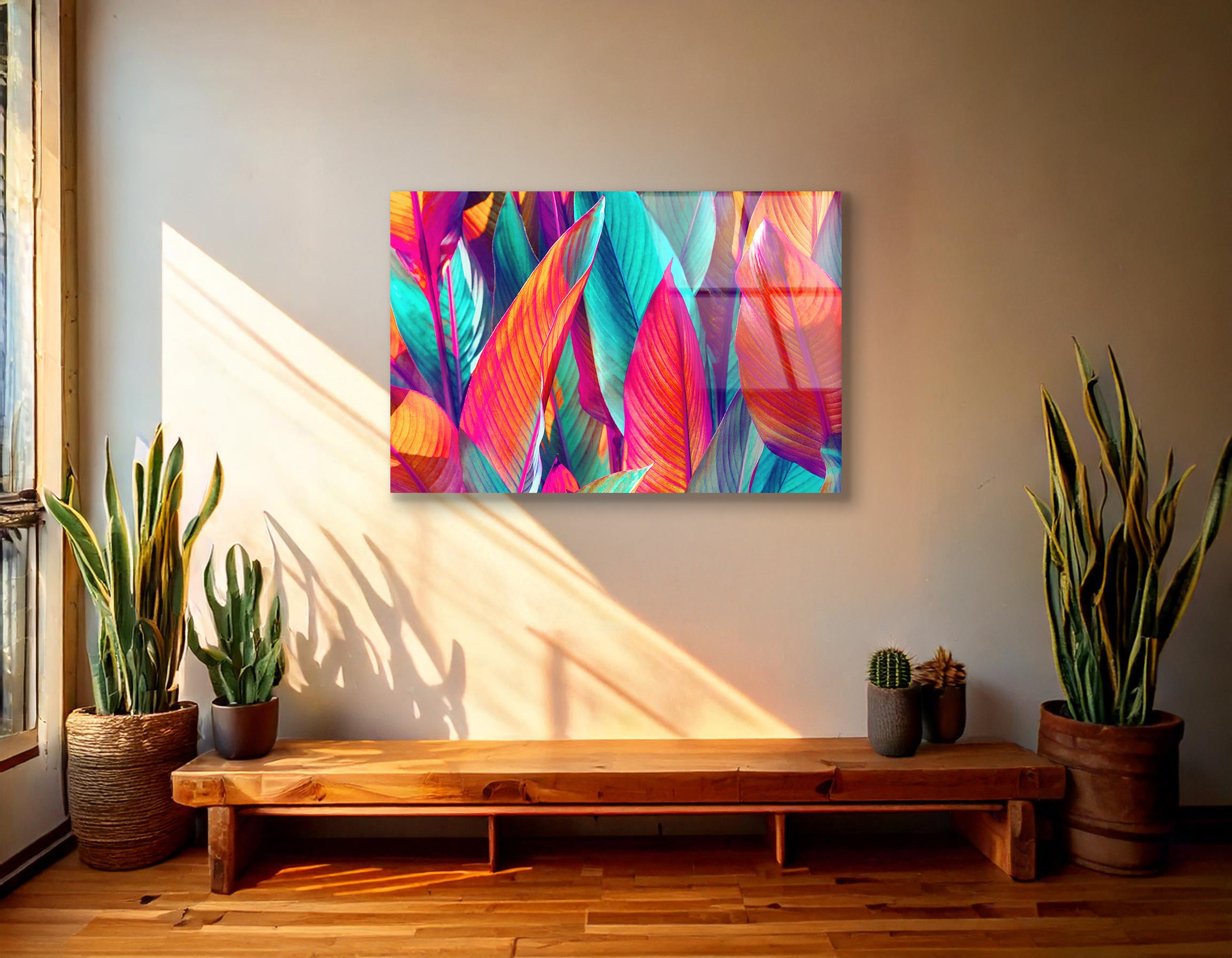 Red & Emerald Green Tropical Leaves | Premium HD Metal Wall Art - DezignArt