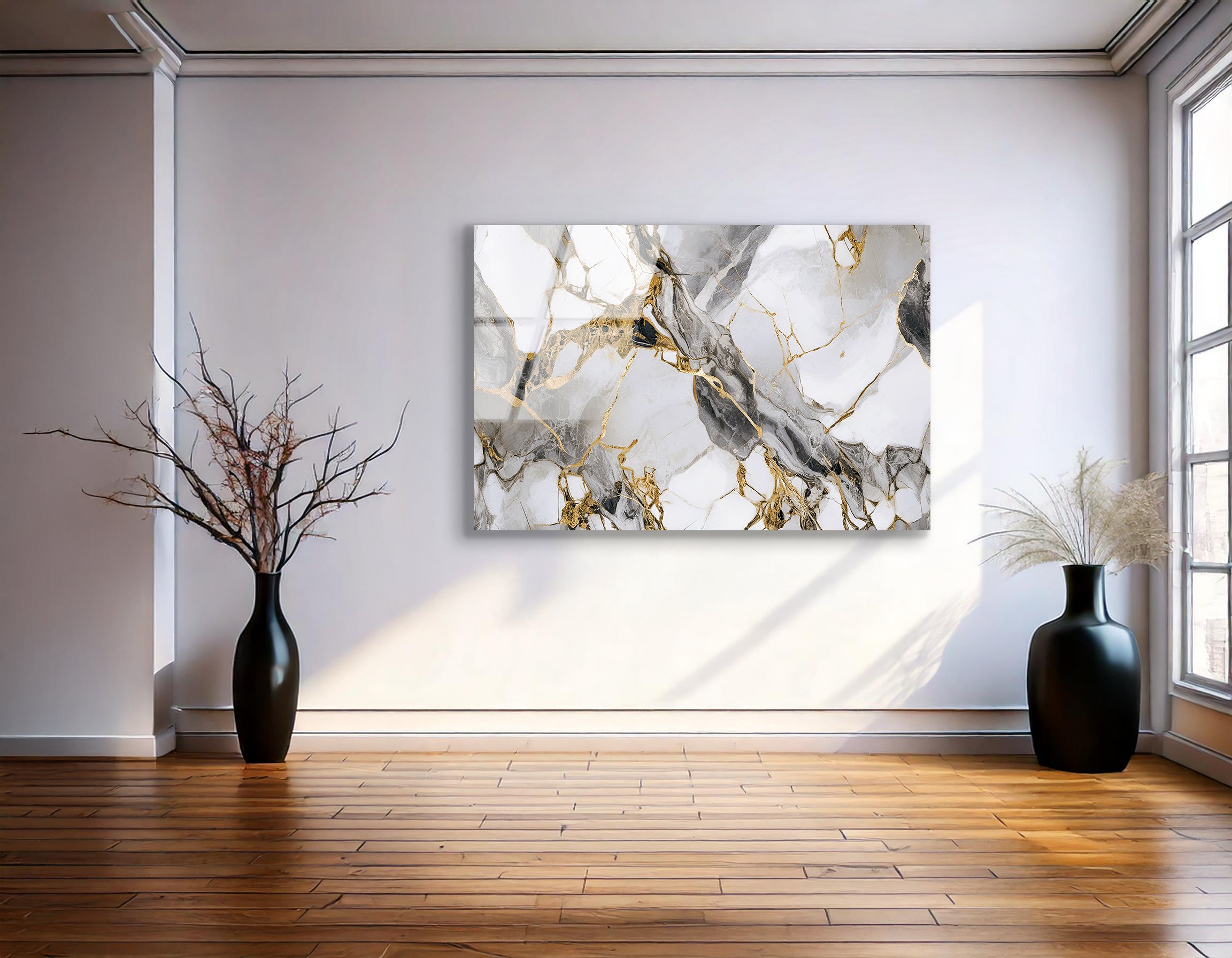 White & Grey Marble with Golden Veins | Premium HD Metal Wall Art - DezignArt