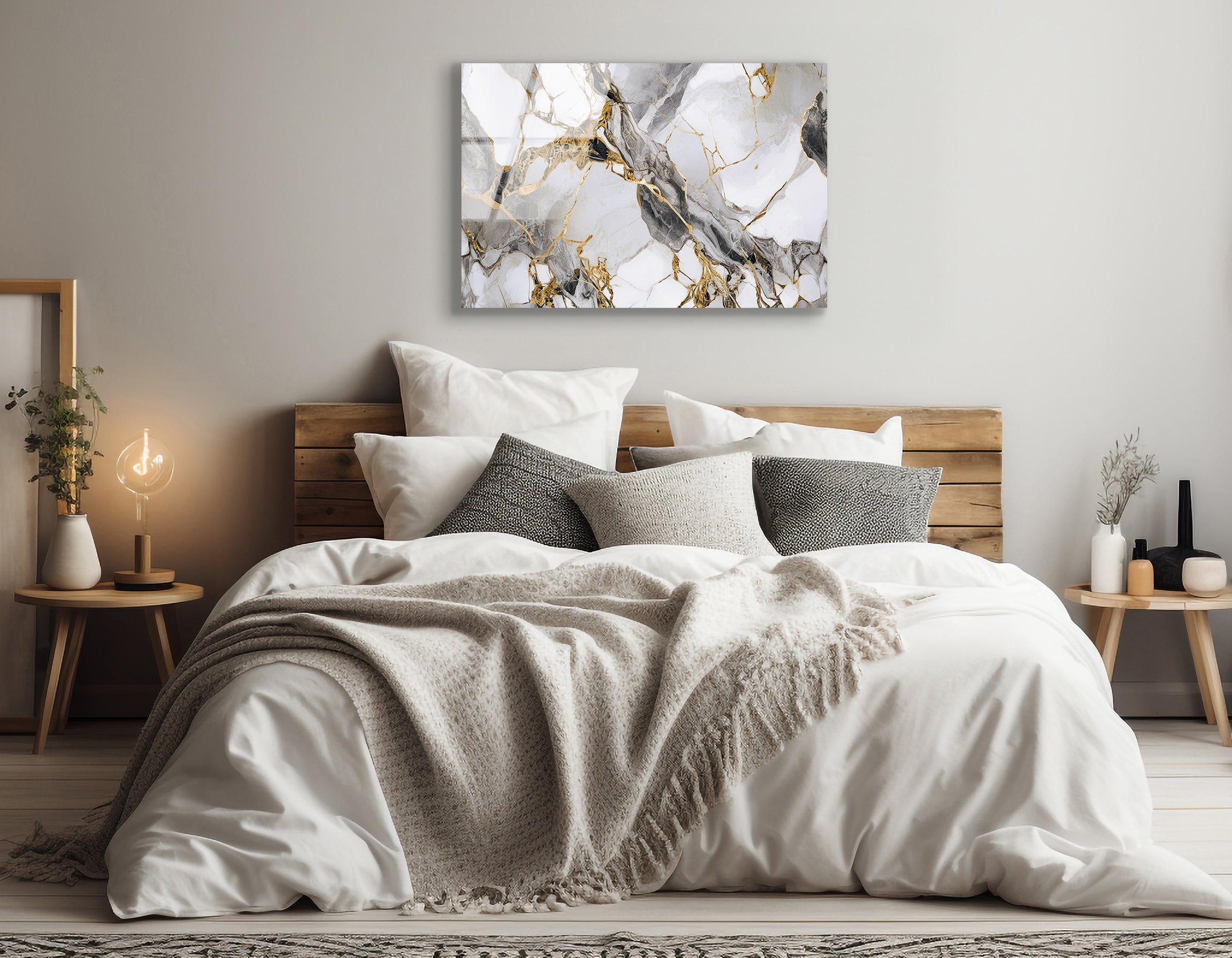 White & Grey Marble with Golden Veins | Premium HD Metal Wall Art - DezignArt