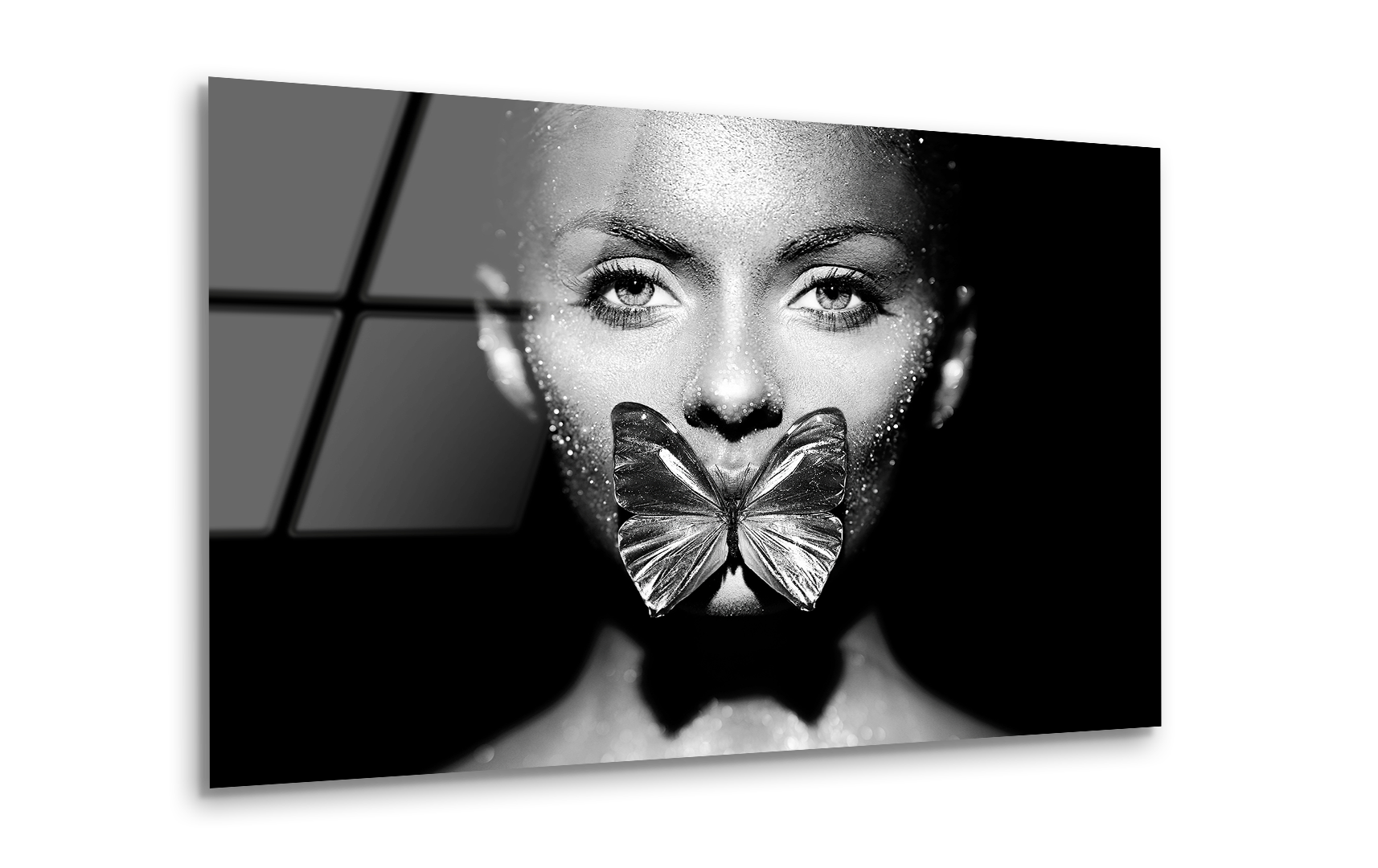 Black and White Fashion Model with Butterfly | Premium HD Metal Wall Art - DezignArt