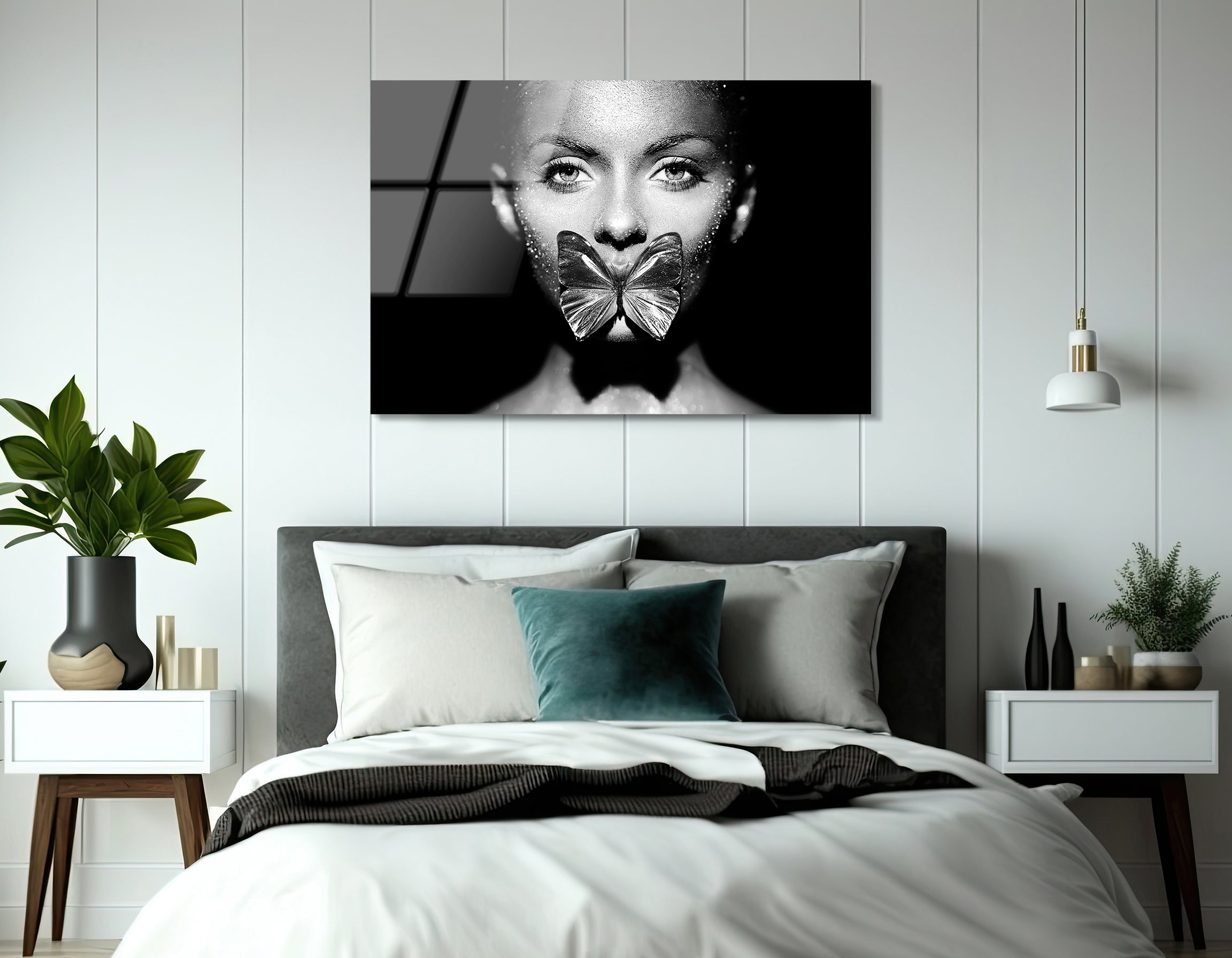 Black and White Fashion Model with Butterfly | Premium HD Metal Wall Art - DezignArt