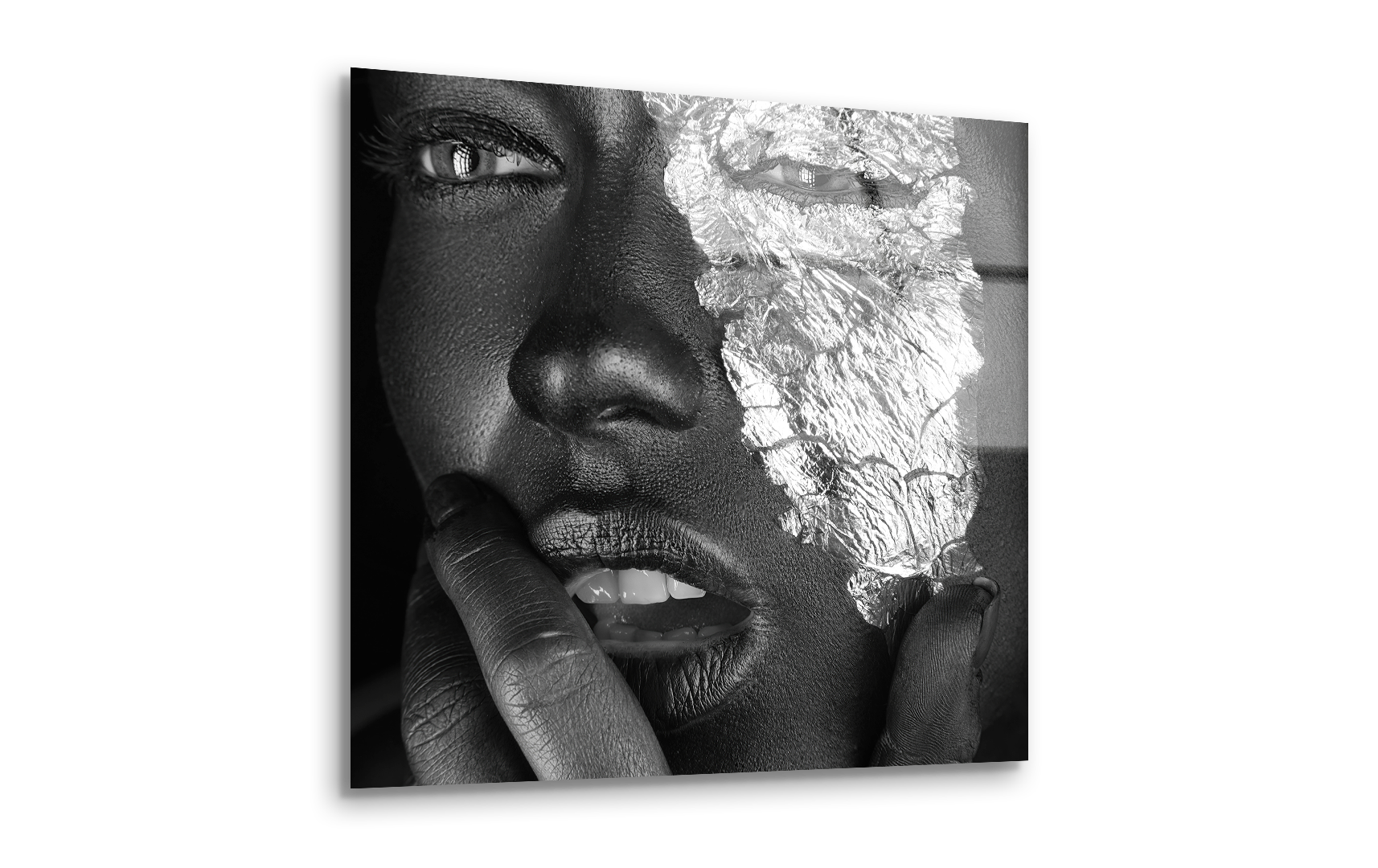 Elegant Fashion Portrait with Silver Foil Makeup | Premium HD Metal Wall Art
