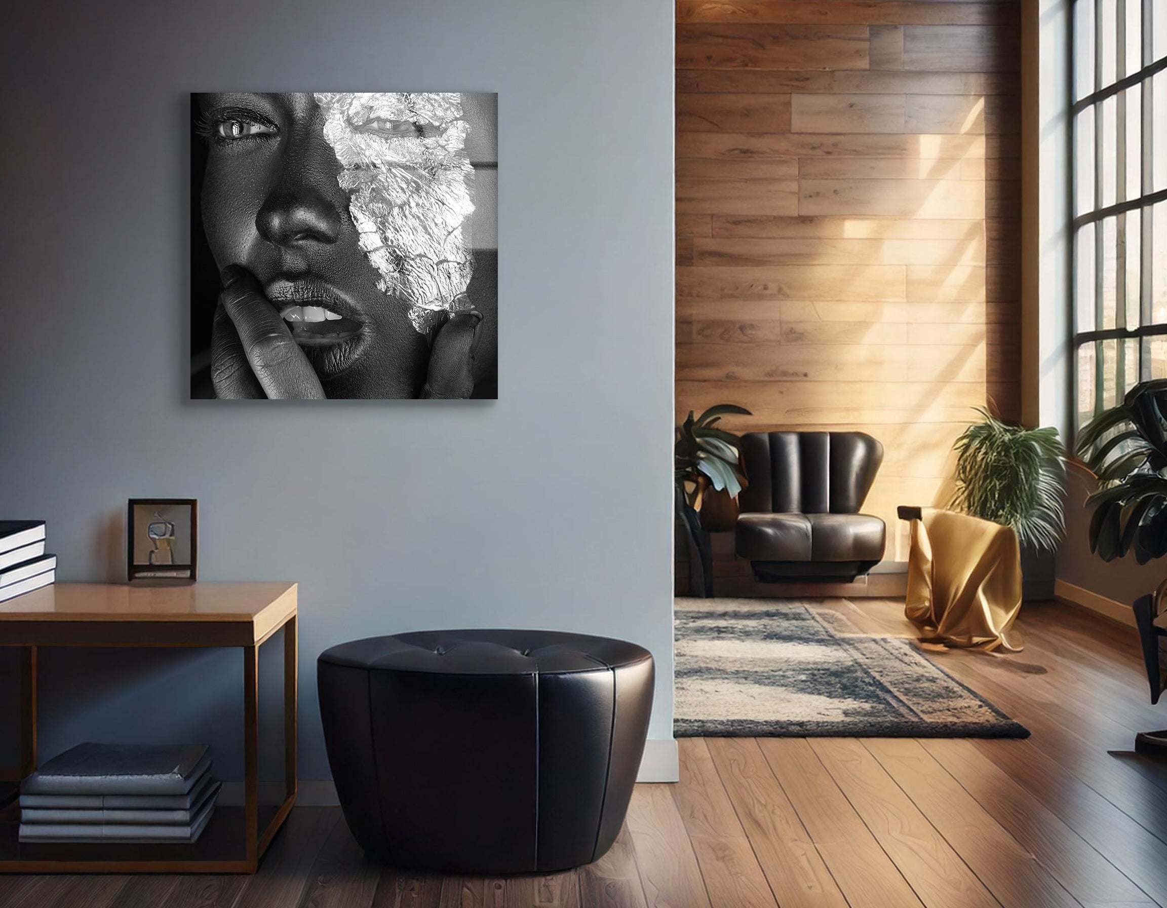 Elegant Fashion Portrait with Silver Foil Makeup | Premium HD Metal Wall Art