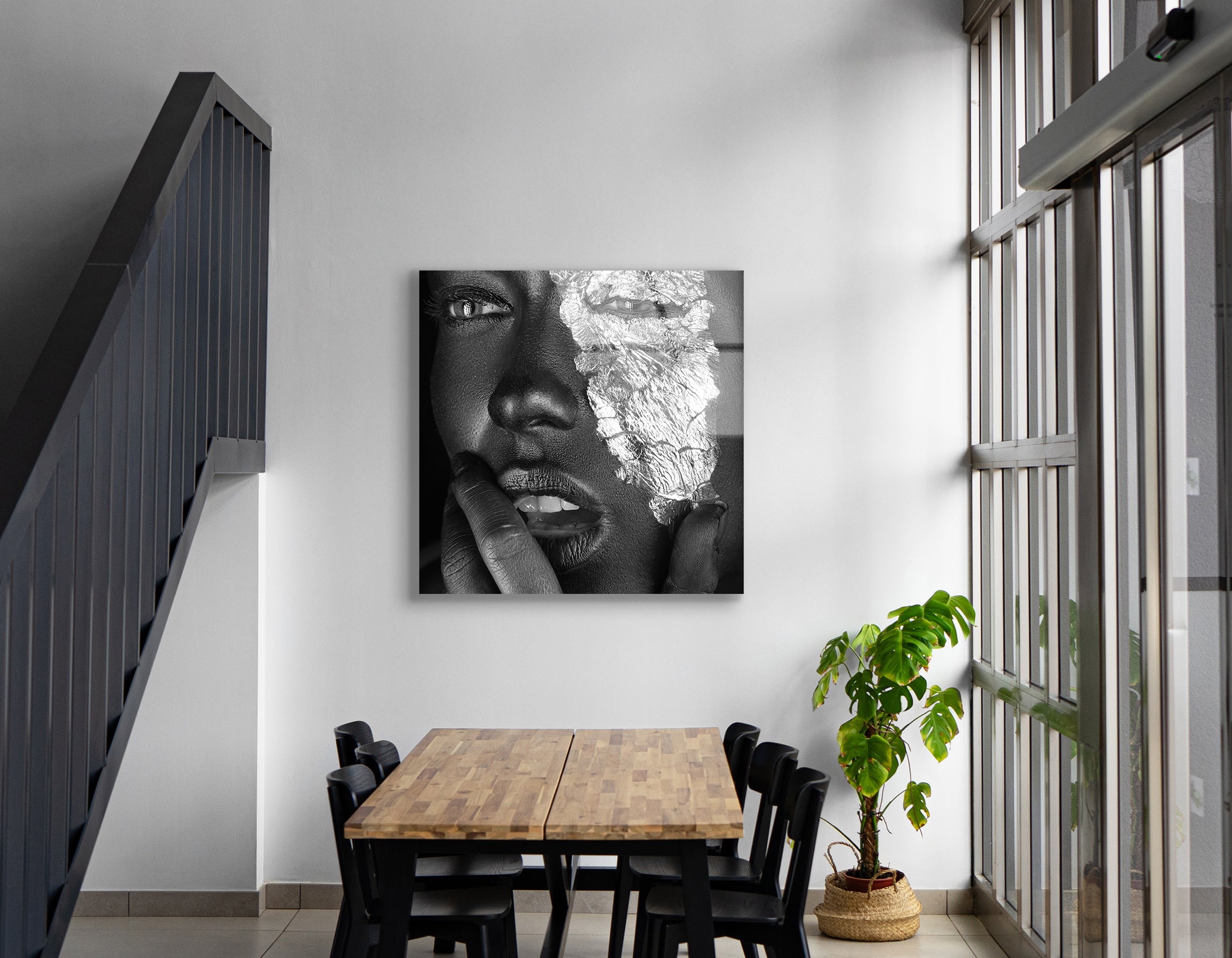 Elegant Fashion Portrait with Silver Foil Makeup | Premium HD Metal Wall Art
