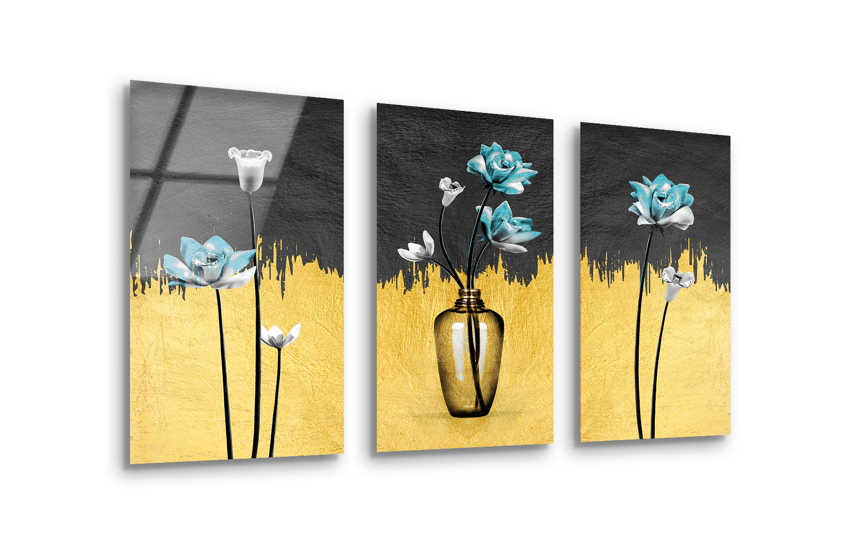 Mega Size Modern Gold Abstract Vase of Flowers Trio Painting | Premium HD Metal Wall Art