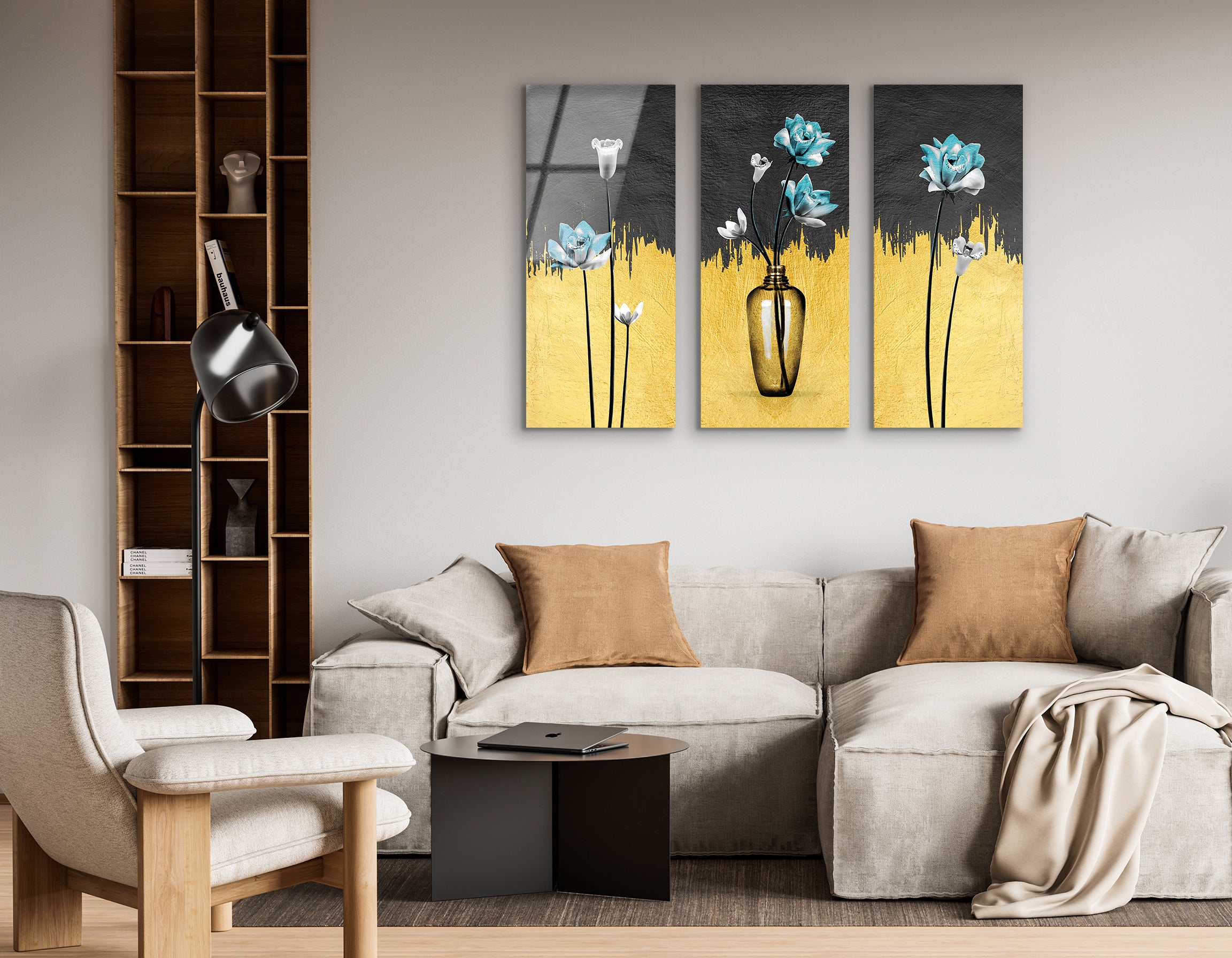 Mega Size Modern Gold Abstract Vase of Flowers Trio Painting | Premium HD Metal Wall Art