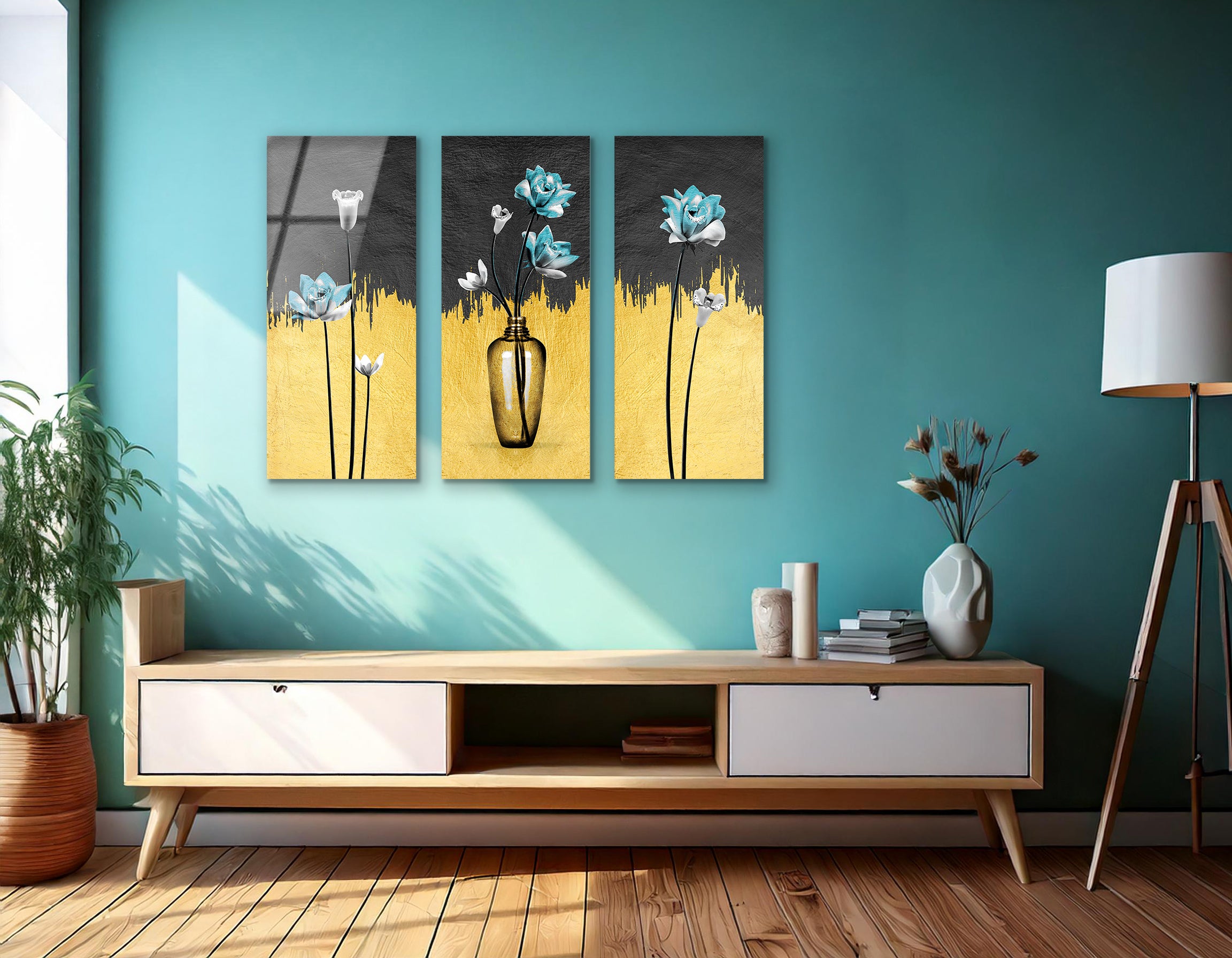 Mega Size Modern Gold Abstract Vase of Flowers Trio Painting | Premium HD Metal Wall Art