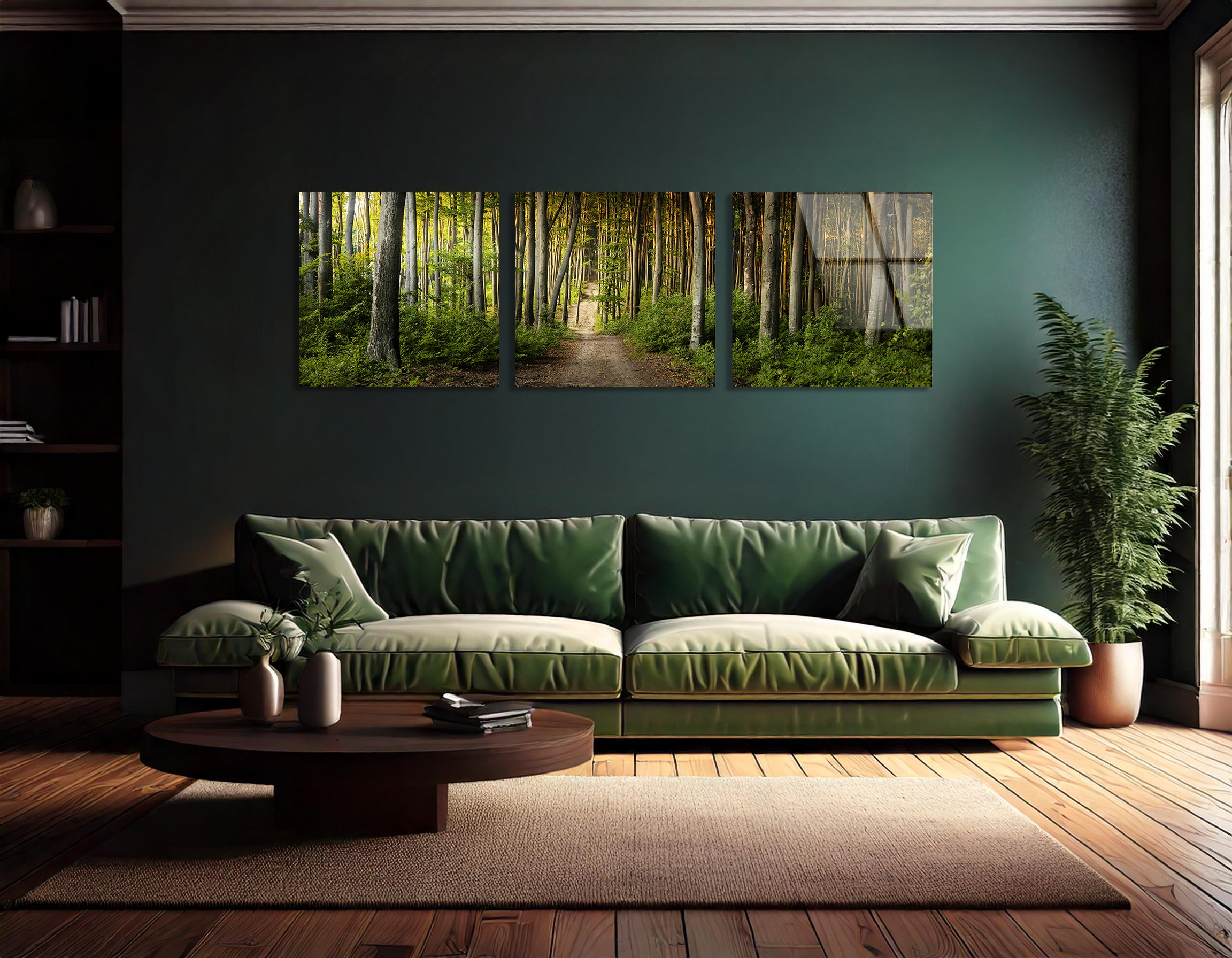 Mega Size of Incredible Sunset in the Forest During Autumn Trio Painting | Premium HD Metal Wall Art