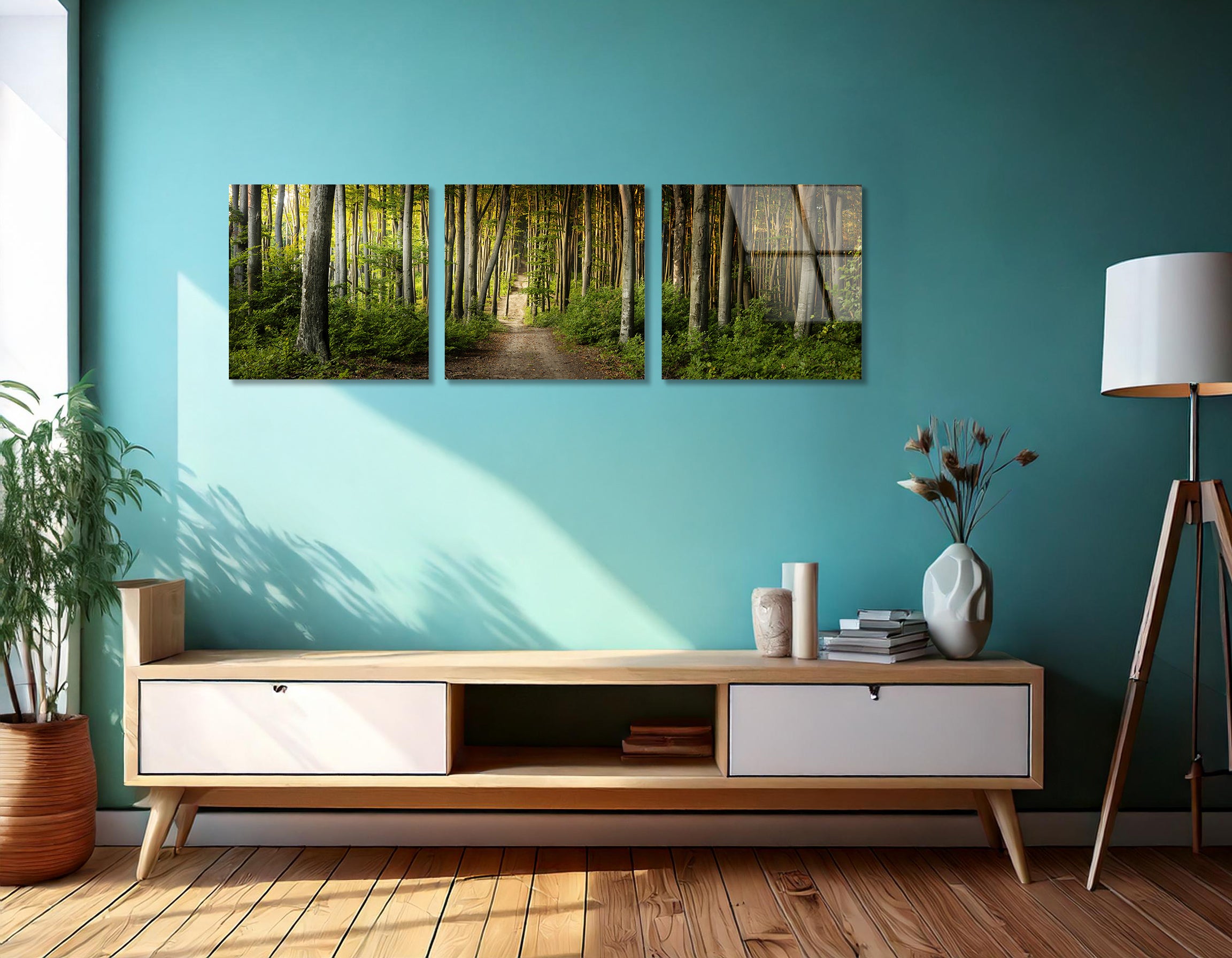 Mega Size of Incredible Sunset in the Forest During Autumn Trio Painting | Premium HD Metal Wall Art