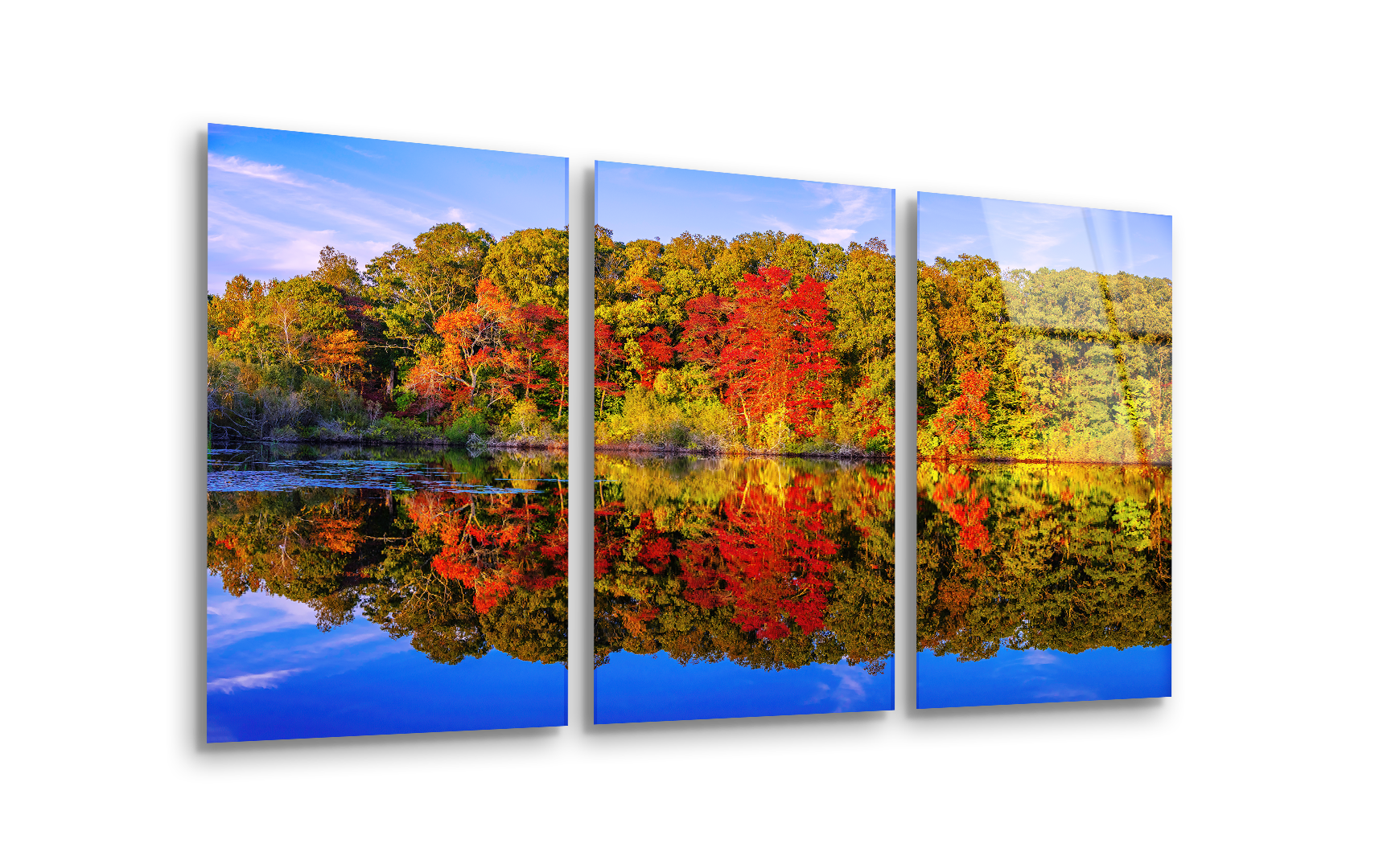 Mega Size Fall Foliage Reflected on a Lake Trio Painting | Premium HD Metal Wall Art