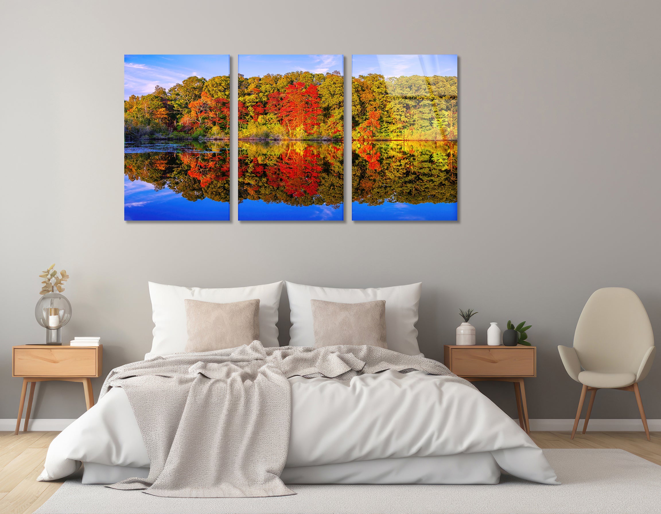 Mega Size Fall Foliage Reflected on a Lake Trio Painting | Premium HD Metal Wall Art