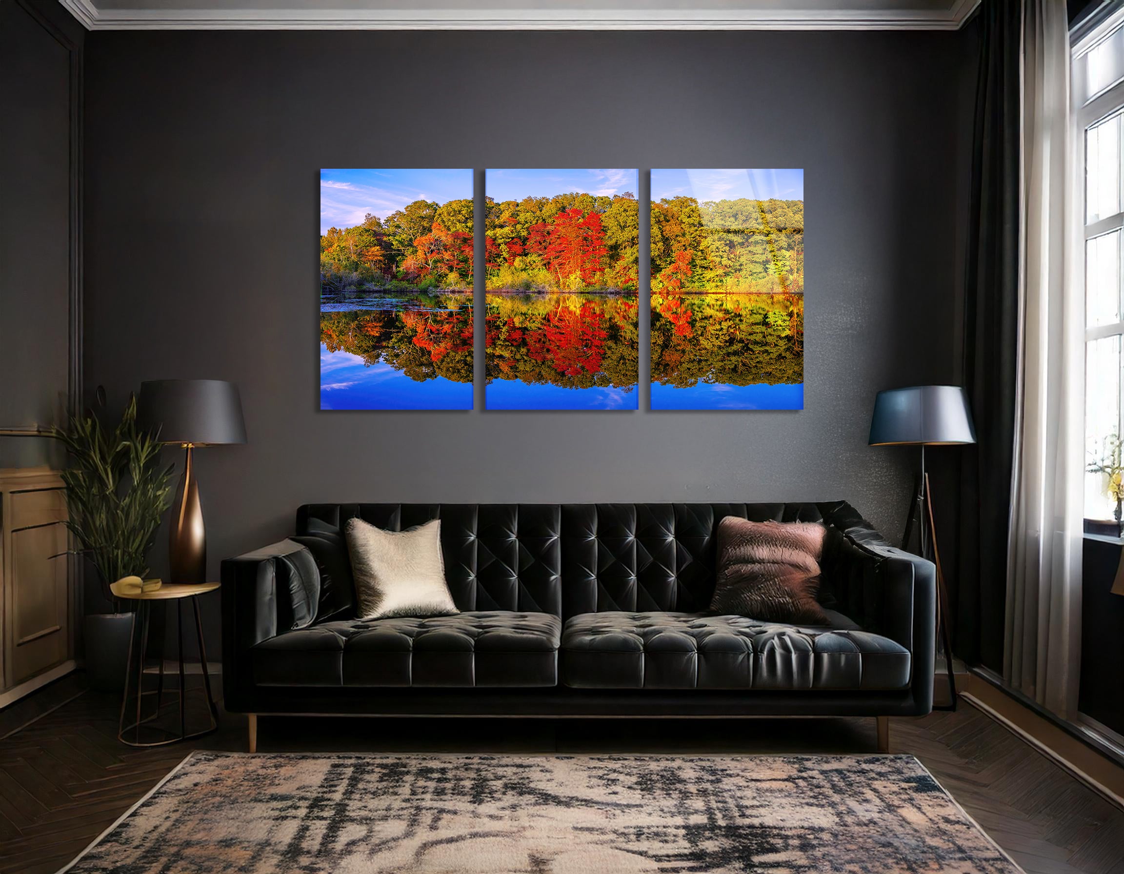 Mega Size Fall Foliage Reflected on a Lake Trio Painting | Premium HD Metal Wall Art