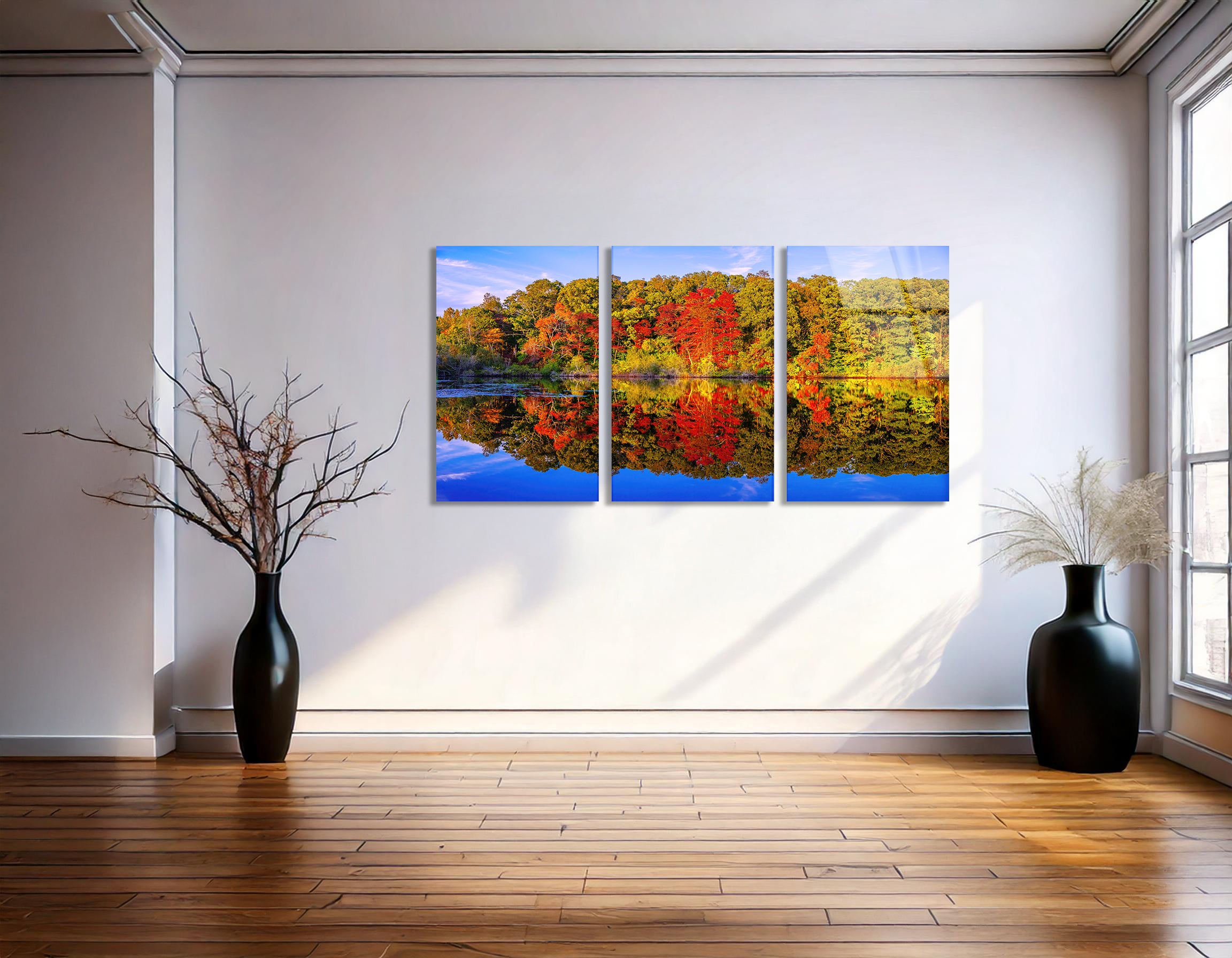 Mega Size Fall Foliage Reflected on a Lake Trio Painting | Premium HD Metal Wall Art