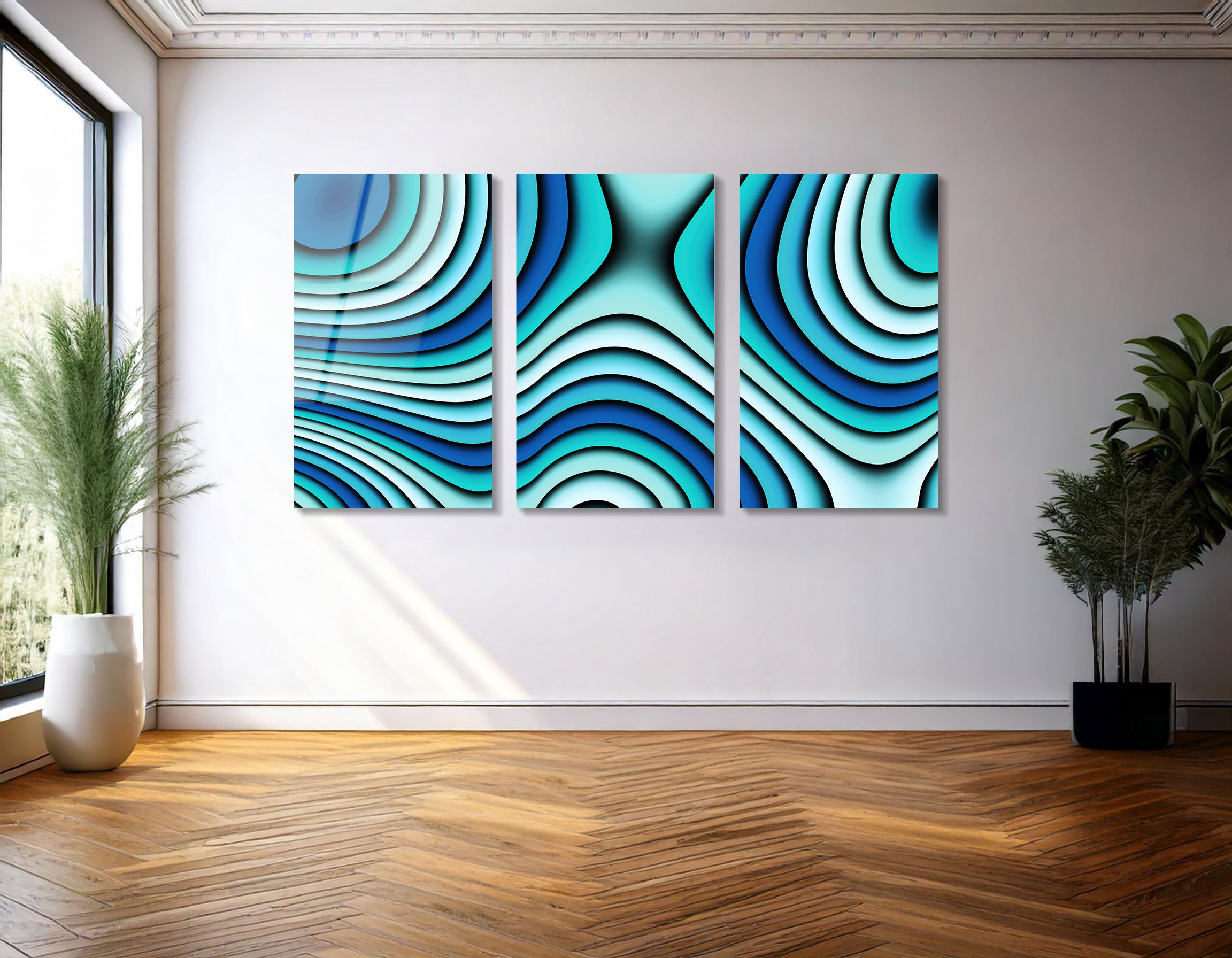Mega Size Abstract Blue Trio Painting | Premium HD Metal Wall Art
