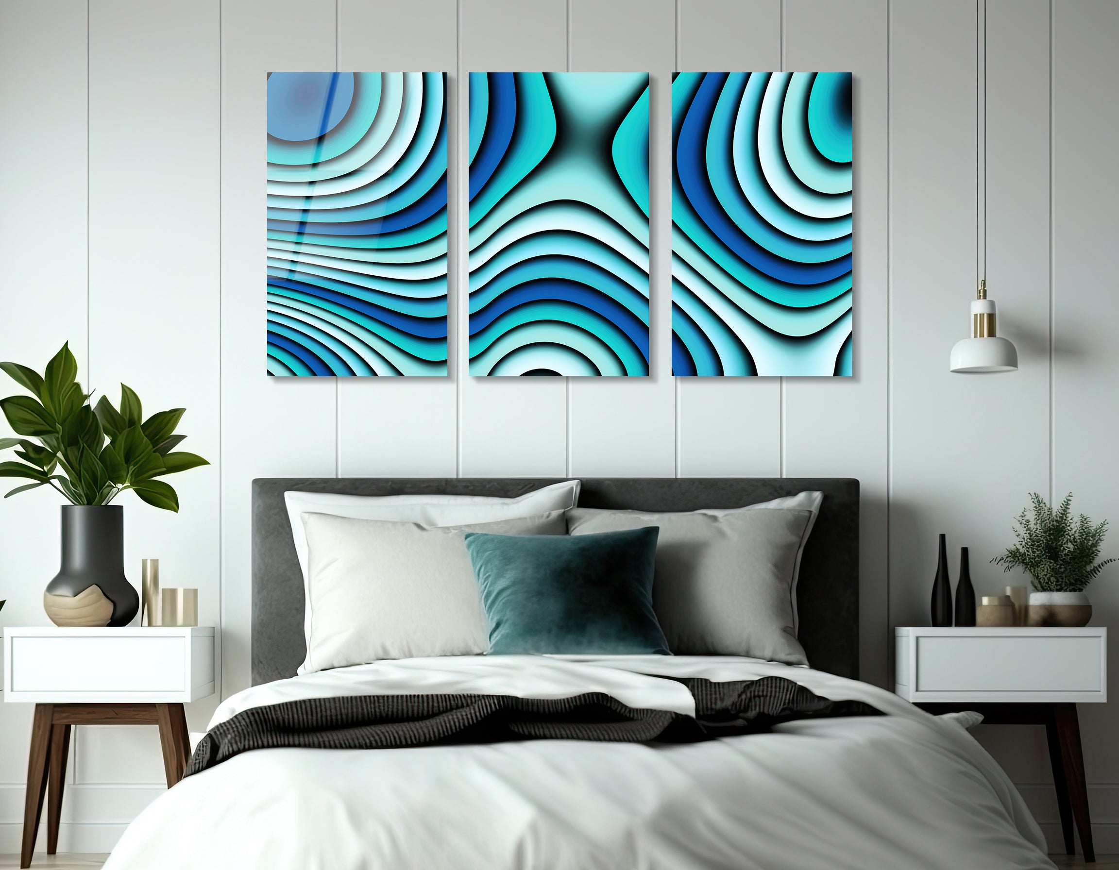 Mega Size Abstract Blue Trio Painting | Premium HD Metal Wall Art