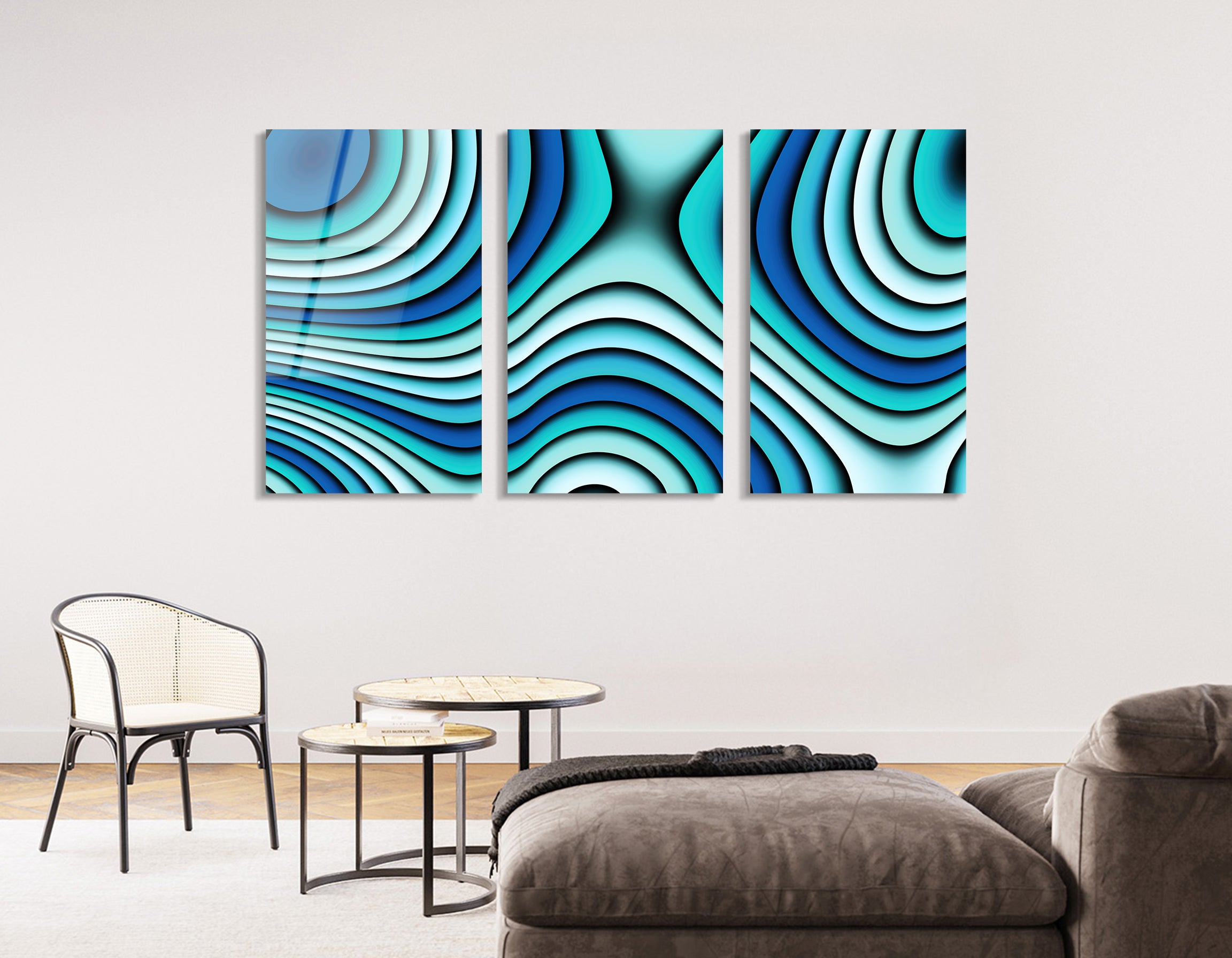 Mega Size Abstract Blue Trio Painting | Premium HD Metal Wall Art