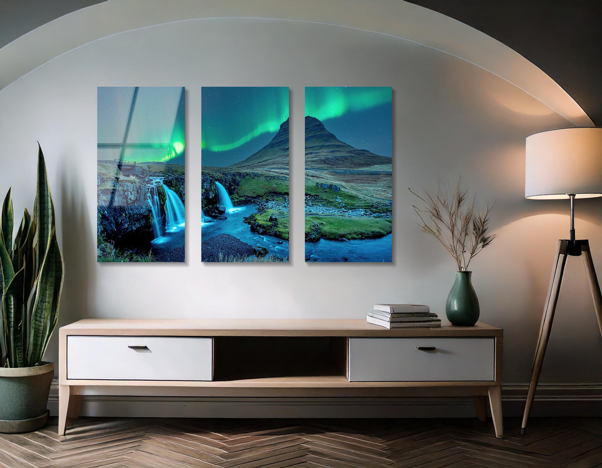 Mega Size Northern Lights Over Kirkjufell, Iceland Trio Painting | Premium HD Metal Wall Art