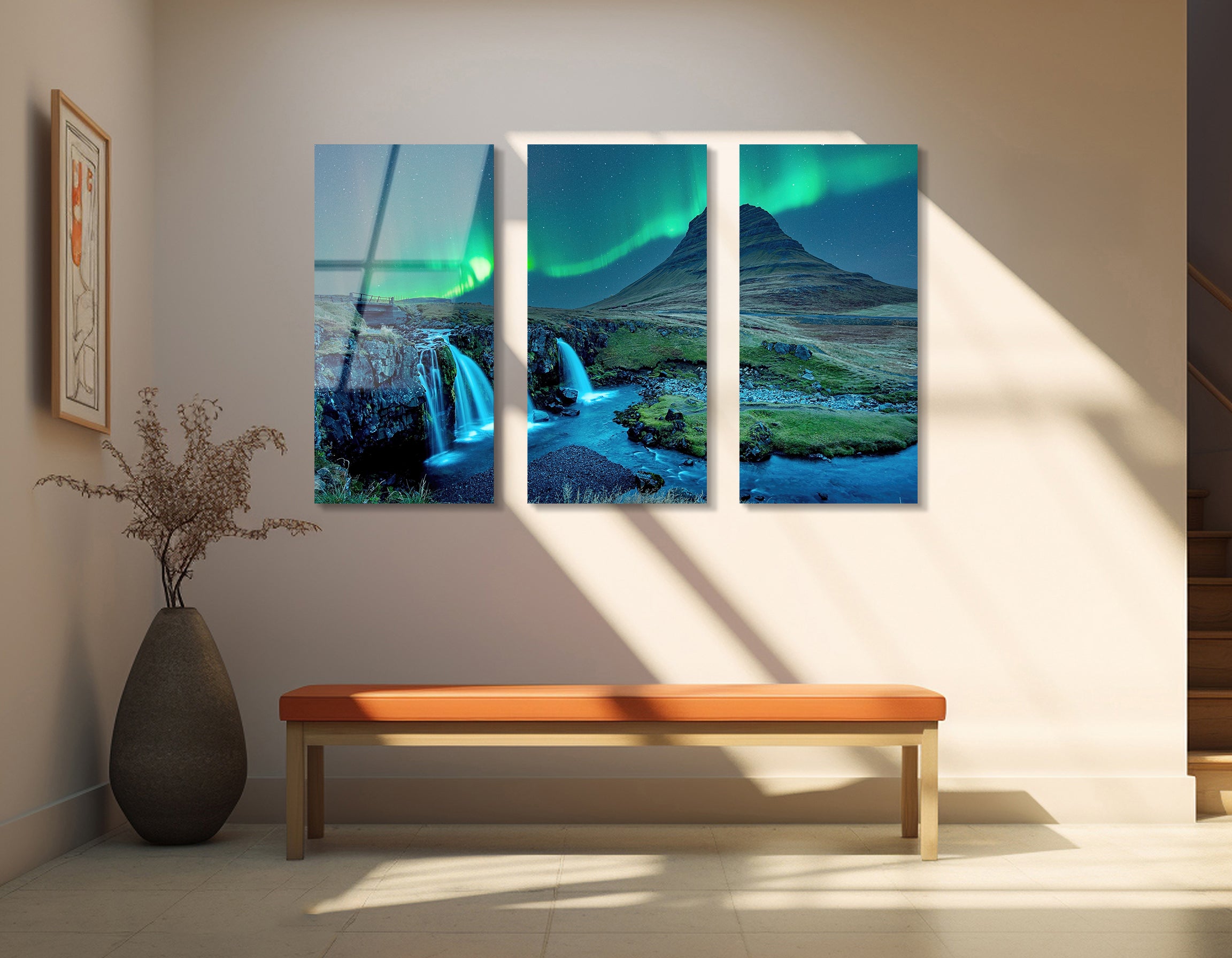 Mega Size Northern Lights Over Kirkjufell, Iceland Trio Painting | Premium HD Metal Wall Art