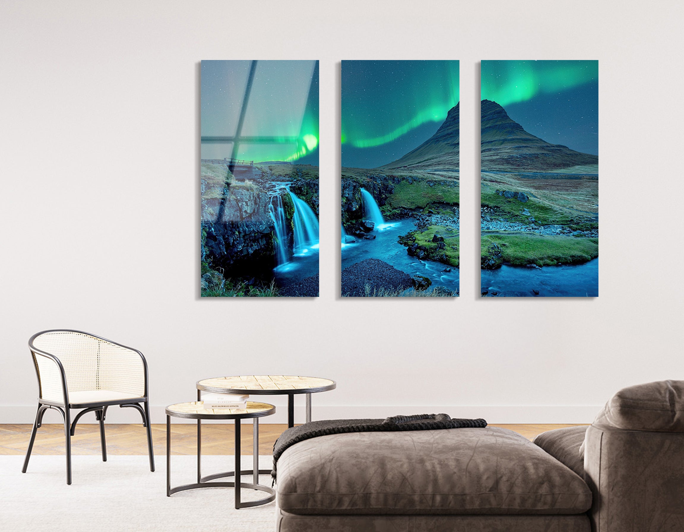Mega Size Northern Lights Over Kirkjufell, Iceland Trio Painting | Premium HD Metal Wall Art