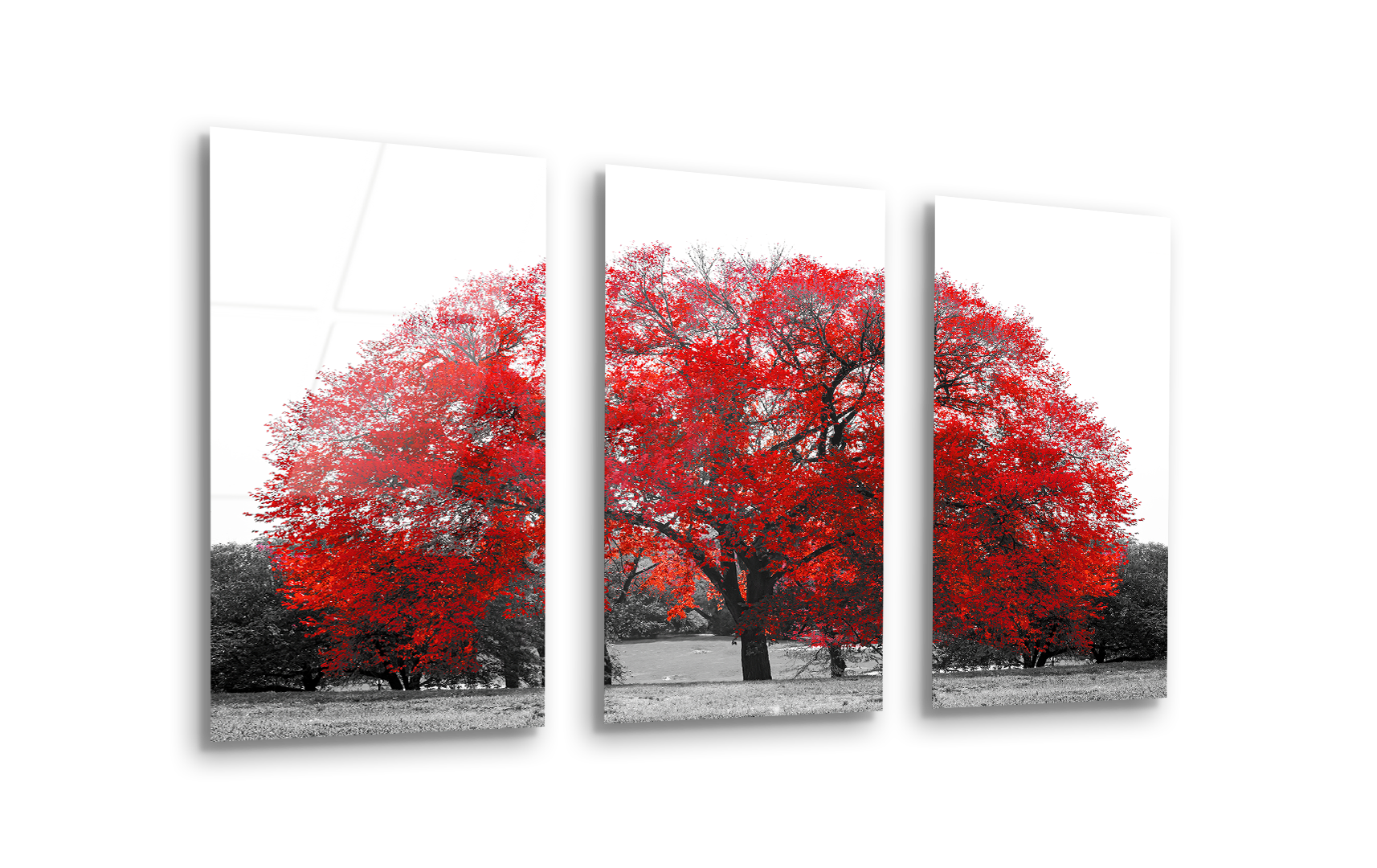 Mega Size Big Red Tree in Central Park Trio Painting | Premium HD Metal Wall Art