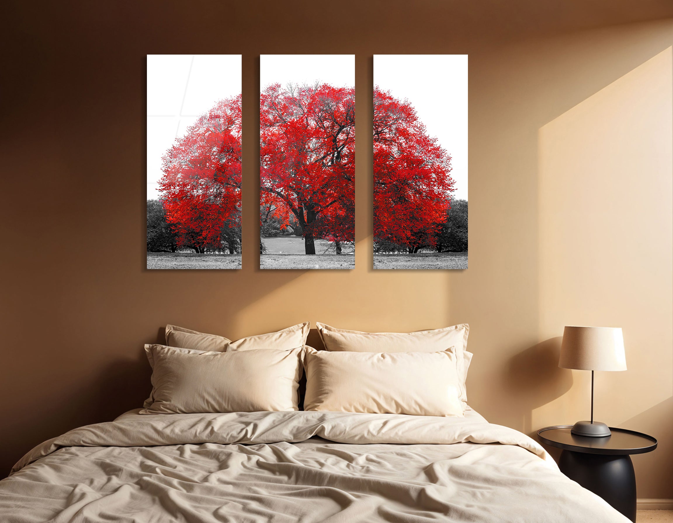 Mega Size Big Red Tree in Central Park Trio Painting | Premium HD Metal Wall Art