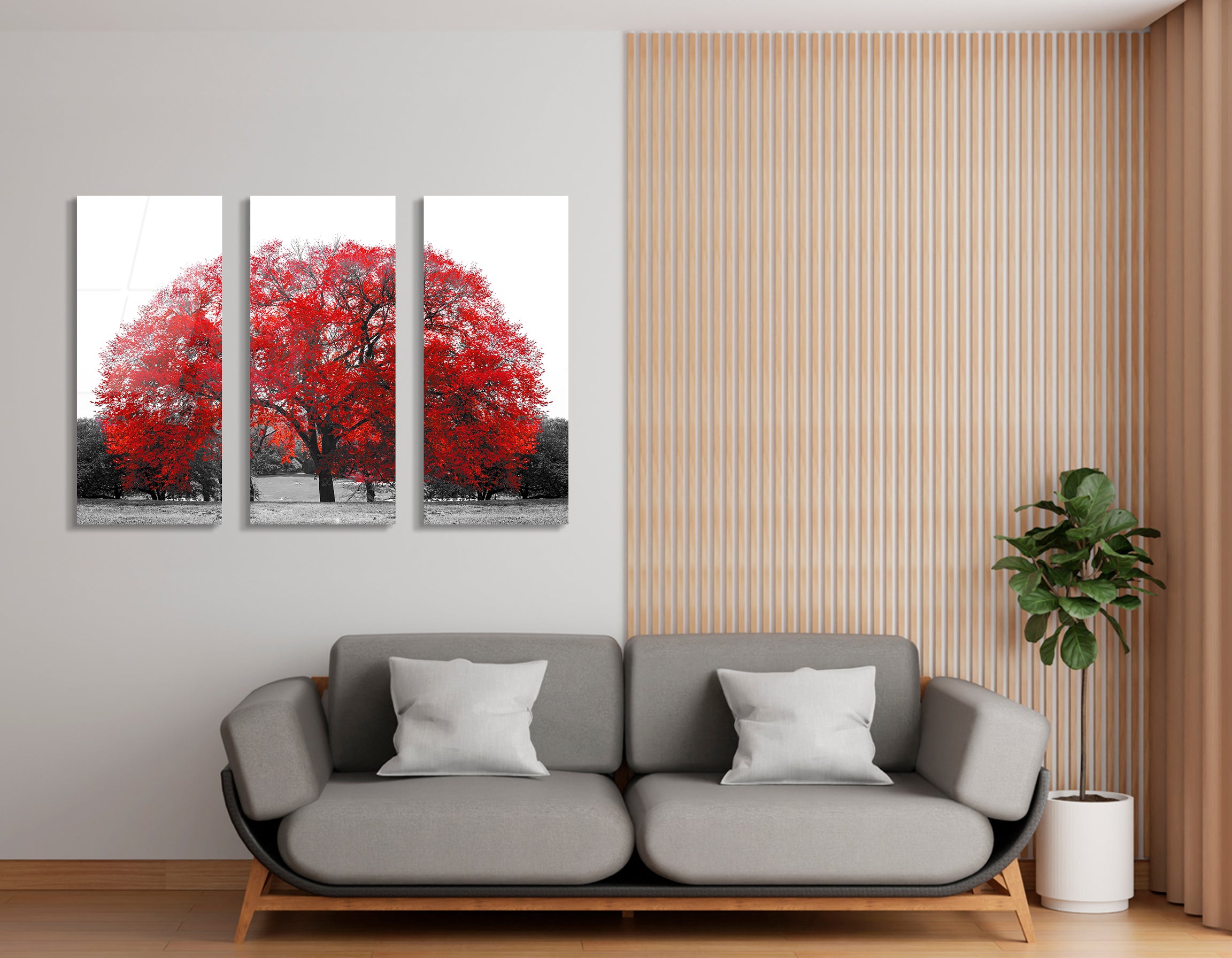 Mega Size Big Red Tree in Central Park Trio Painting | Premium HD Metal Wall Art