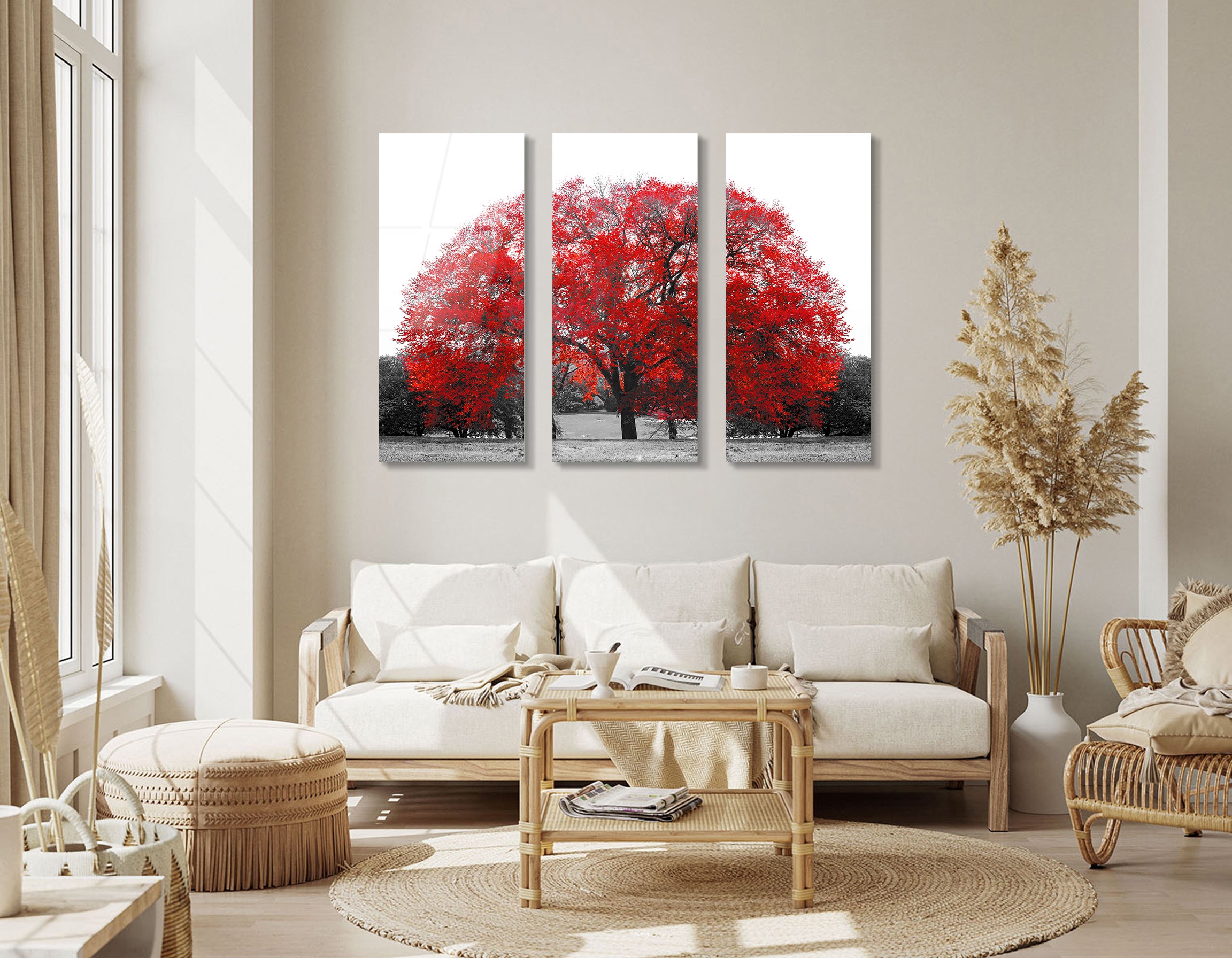 Mega Size Big Red Tree in Central Park Trio Painting | Premium HD Metal Wall Art