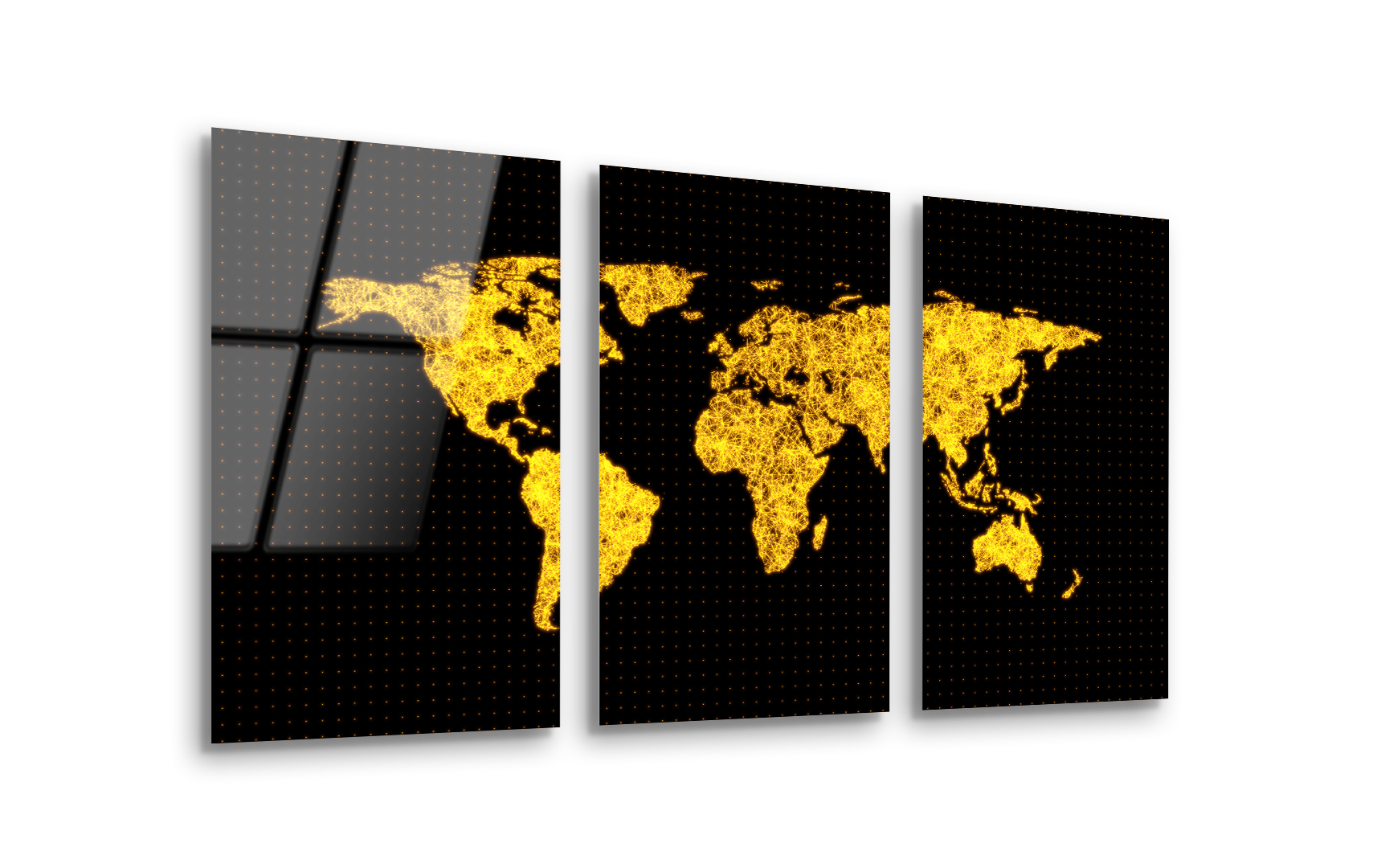 Mega Size World Map Technology Network Trio Painting | Premium HD Metal Wall Art