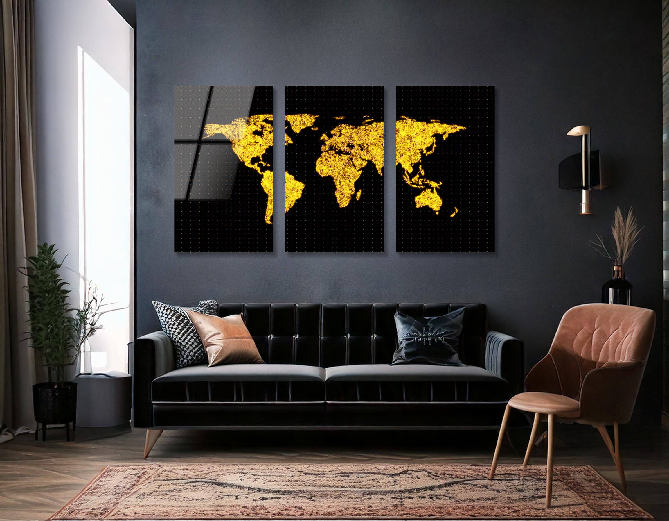 Mega Size World Map Technology Network Trio Painting | Premium HD Metal Wall Art