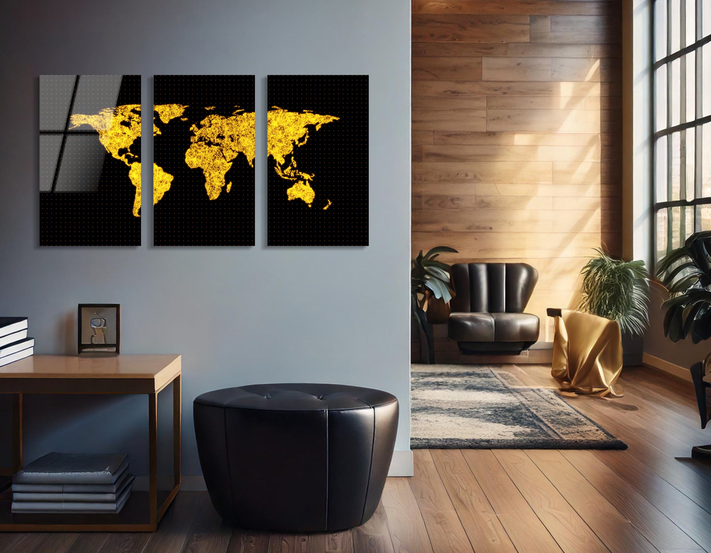 Mega Size World Map Technology Network Trio Painting | Premium HD Metal Wall Art