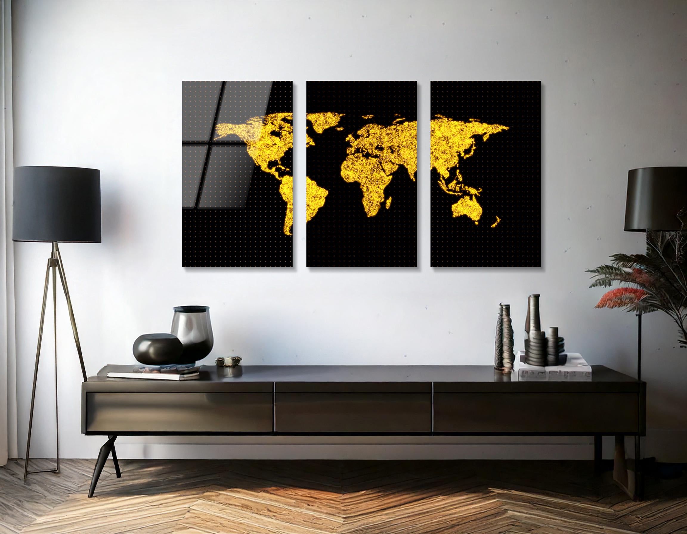Mega Size World Map Technology Network Trio Painting | Premium HD Metal Wall Art