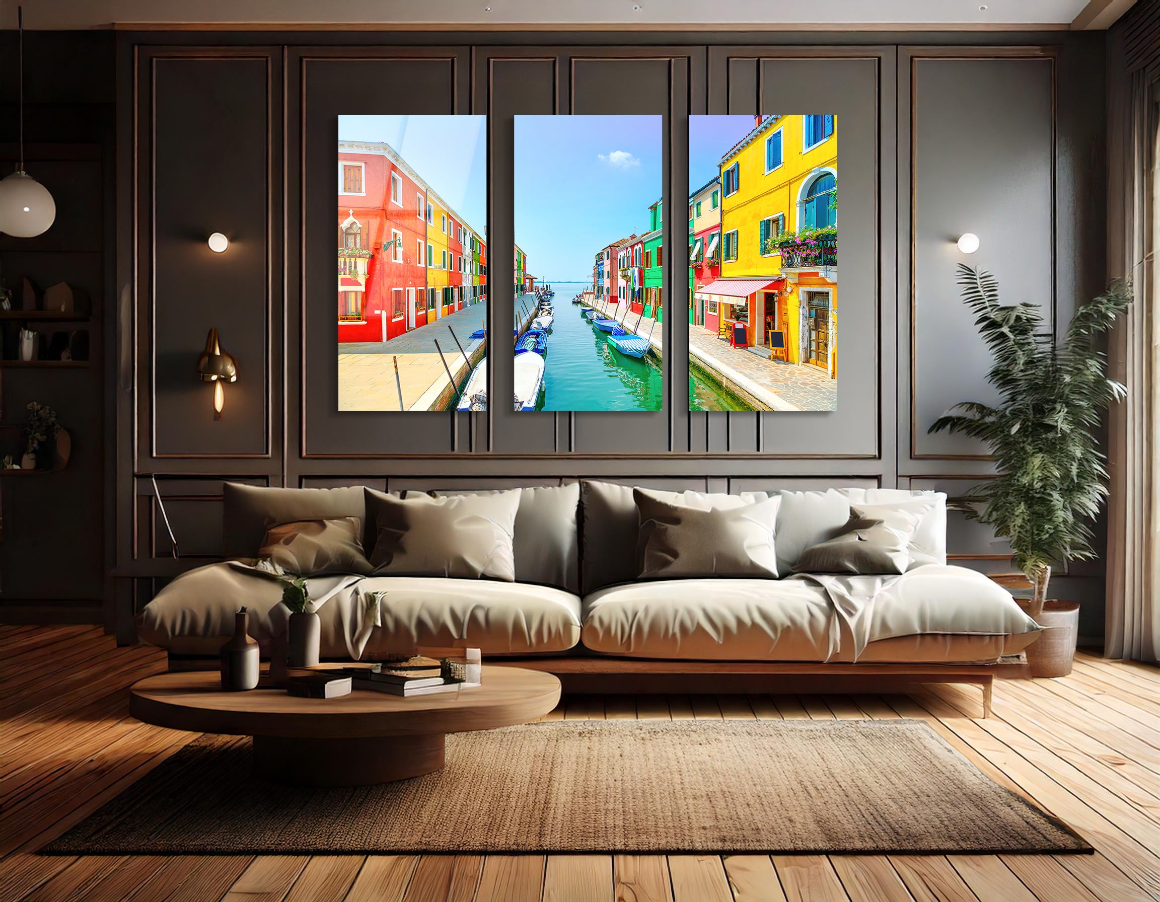 Mega Size Venice Landmark - Burano Island Canal Trio Painting | Premium HD Metal Wall Art