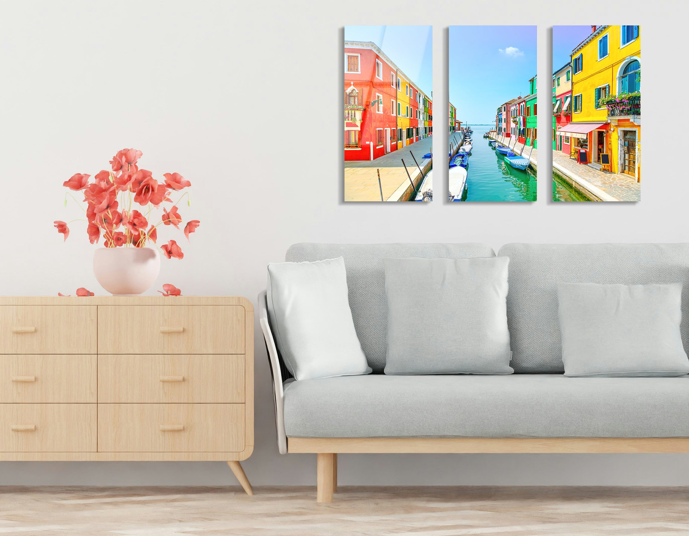 Mega Size Venice Landmark - Burano Island Canal Trio Painting | Premium HD Metal Wall Art