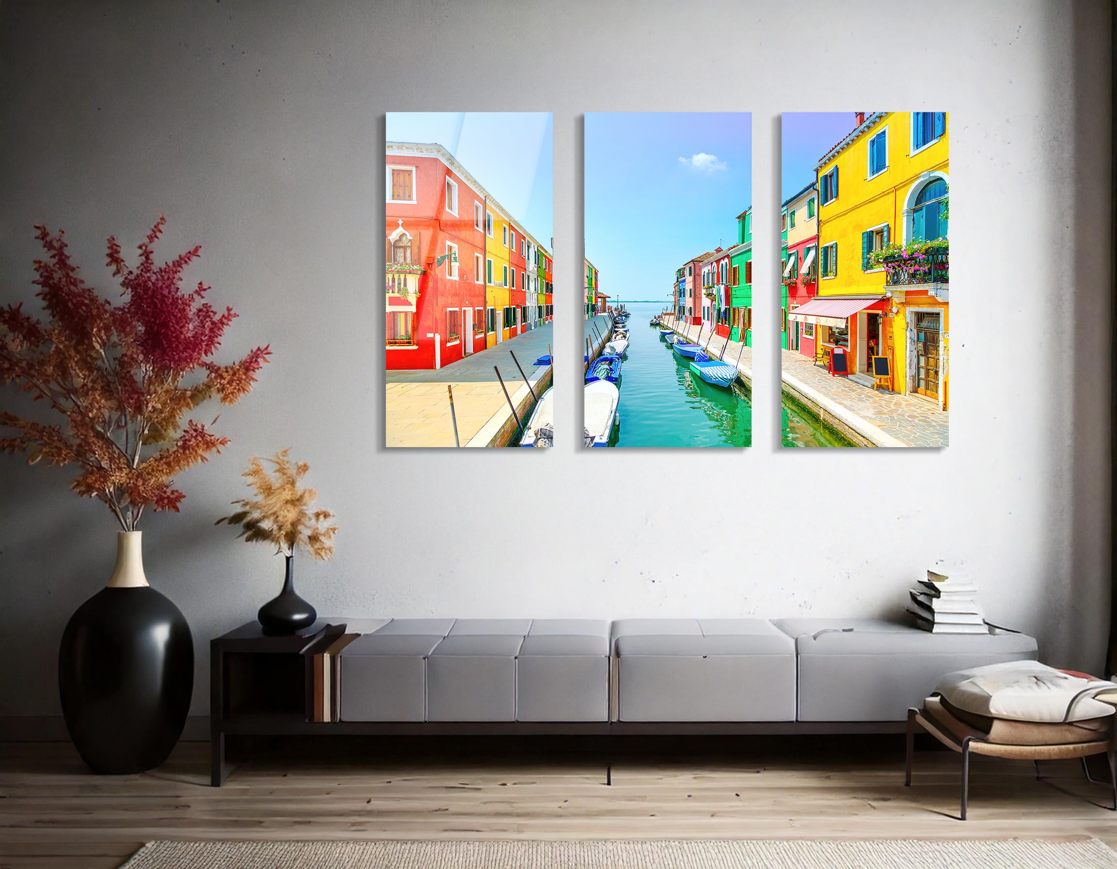 Mega Size Venice Landmark - Burano Island Canal Trio Painting | Premium HD Metal Wall Art