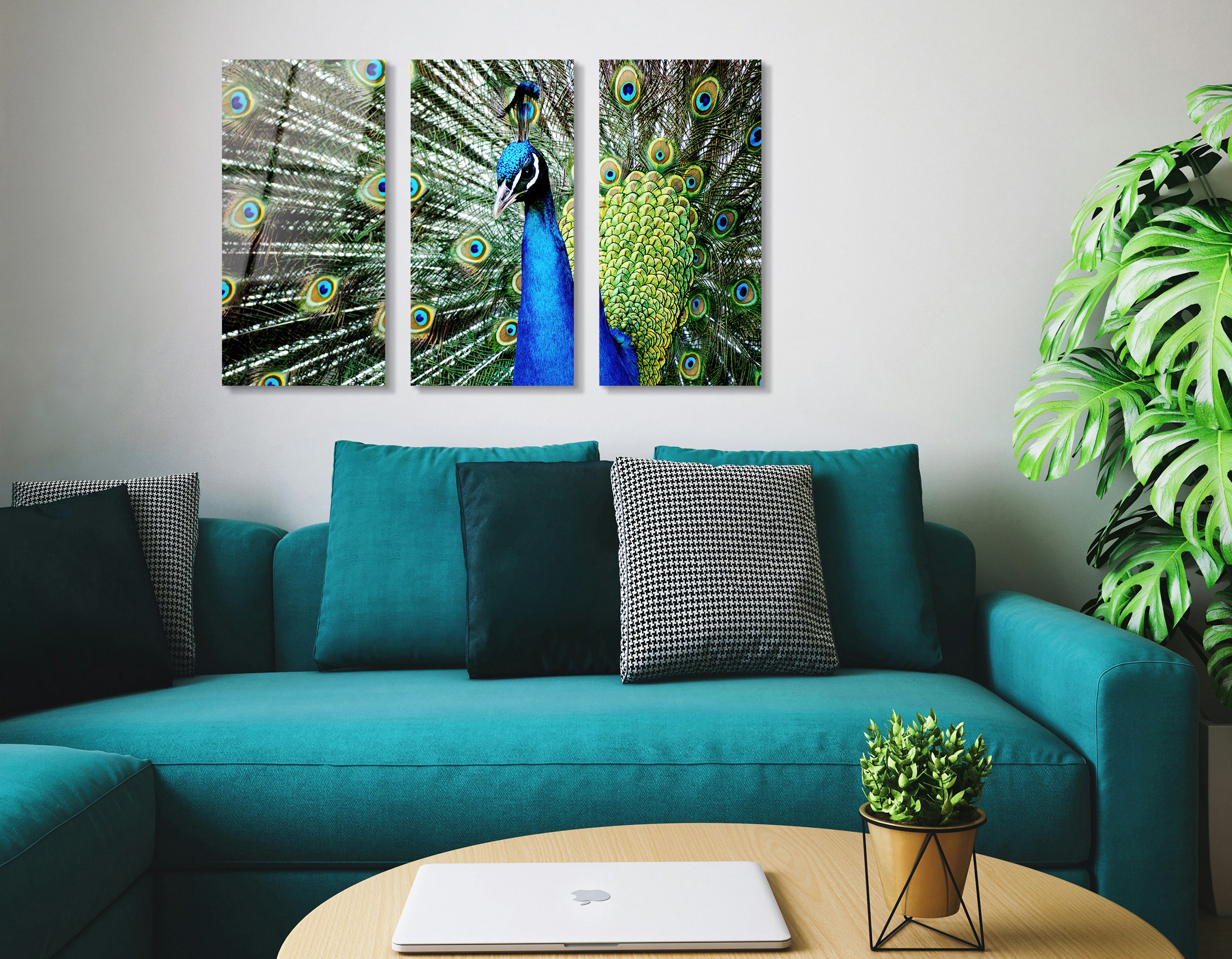 Mega Size Peacock Trio Painting | Premium HD Metal Wall Art