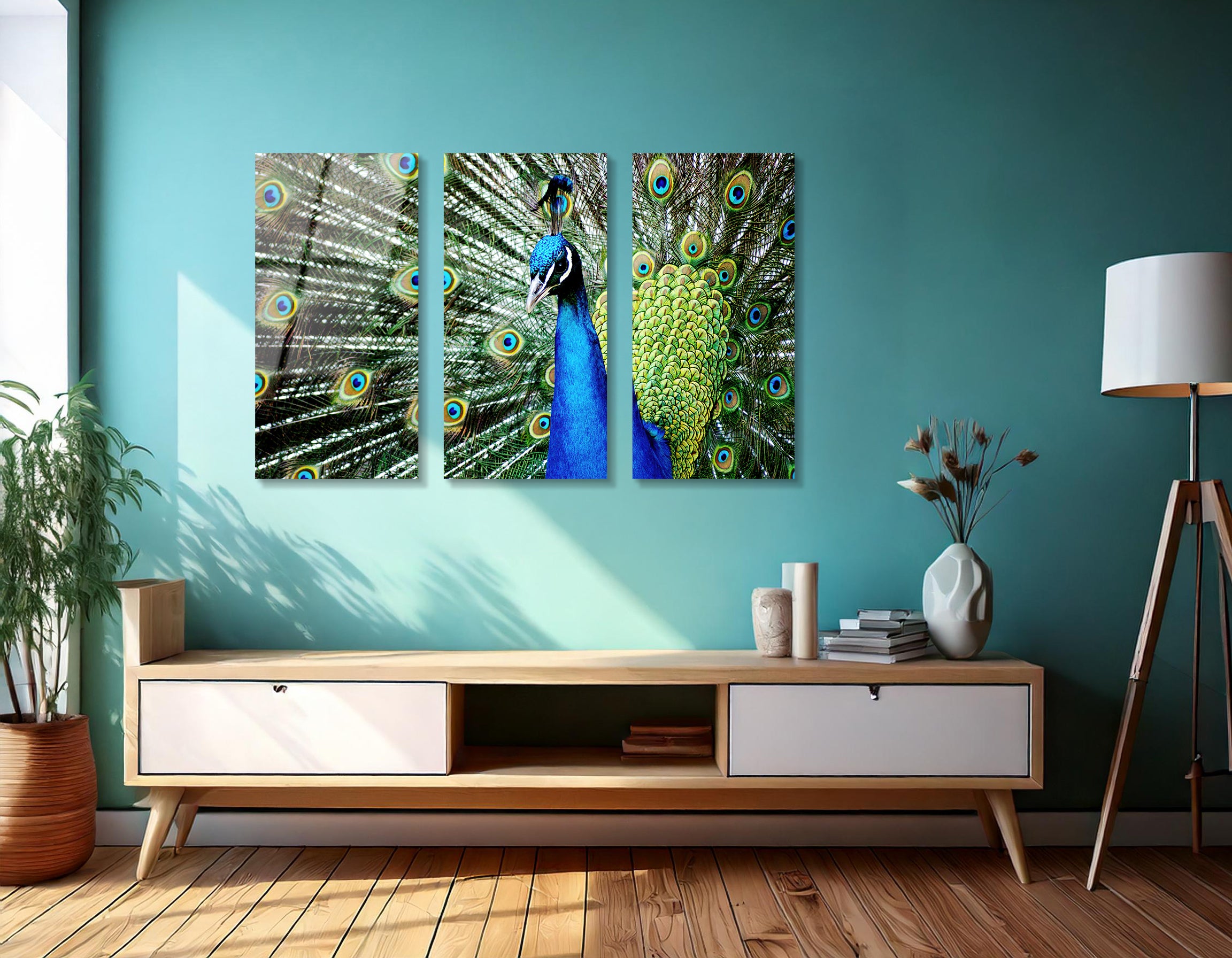 Mega Size Peacock Trio Painting | Premium HD Metal Wall Art
