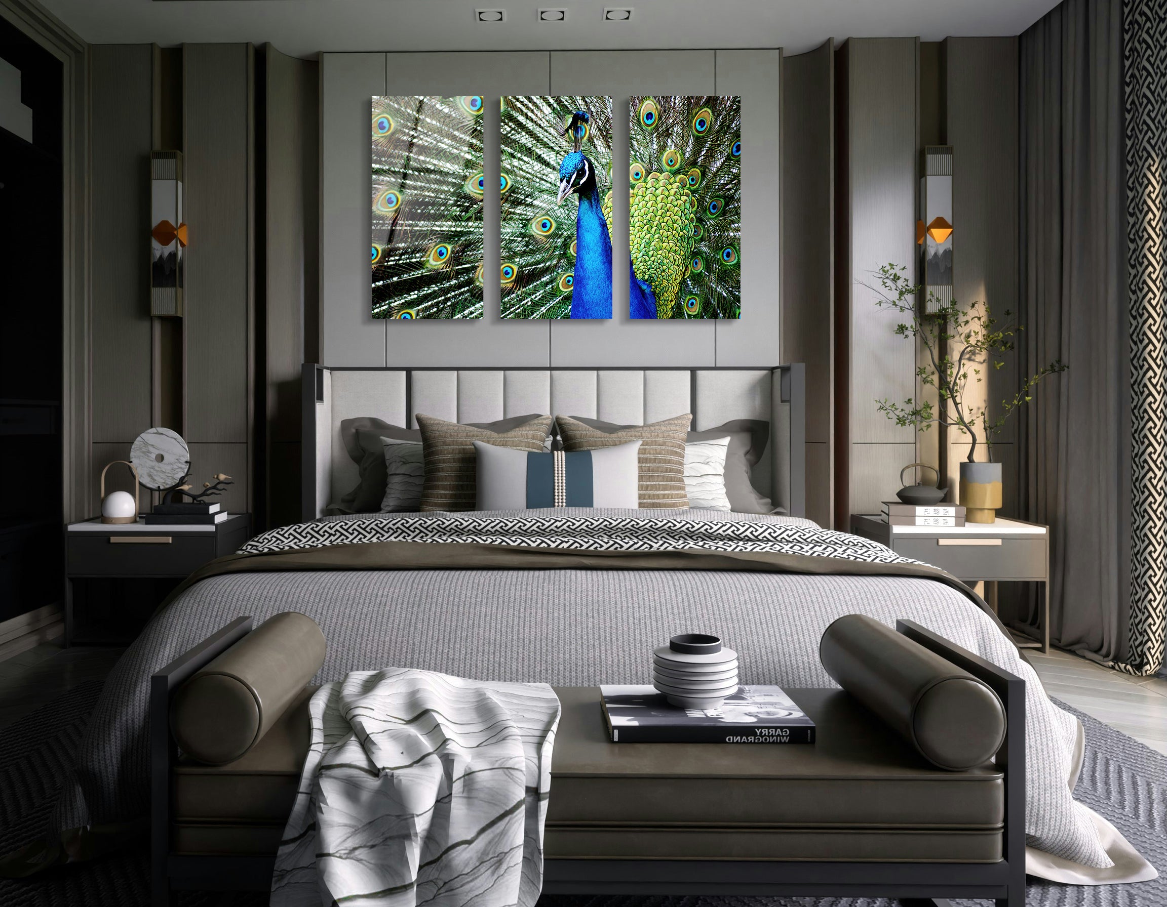 Mega Size Peacock Trio Painting | Premium HD Metal Wall Art