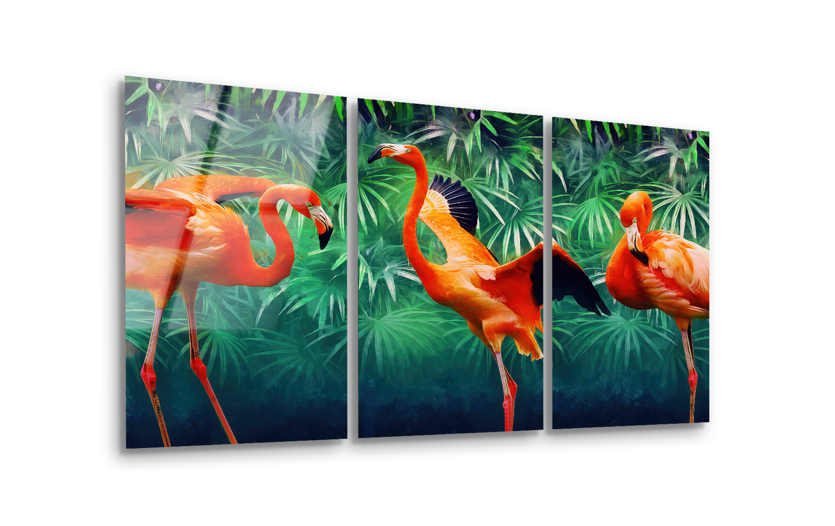 Mega Size 3 Flamingos with Tropical Leaves Trio Painting | Premium HD Metal Wall Art