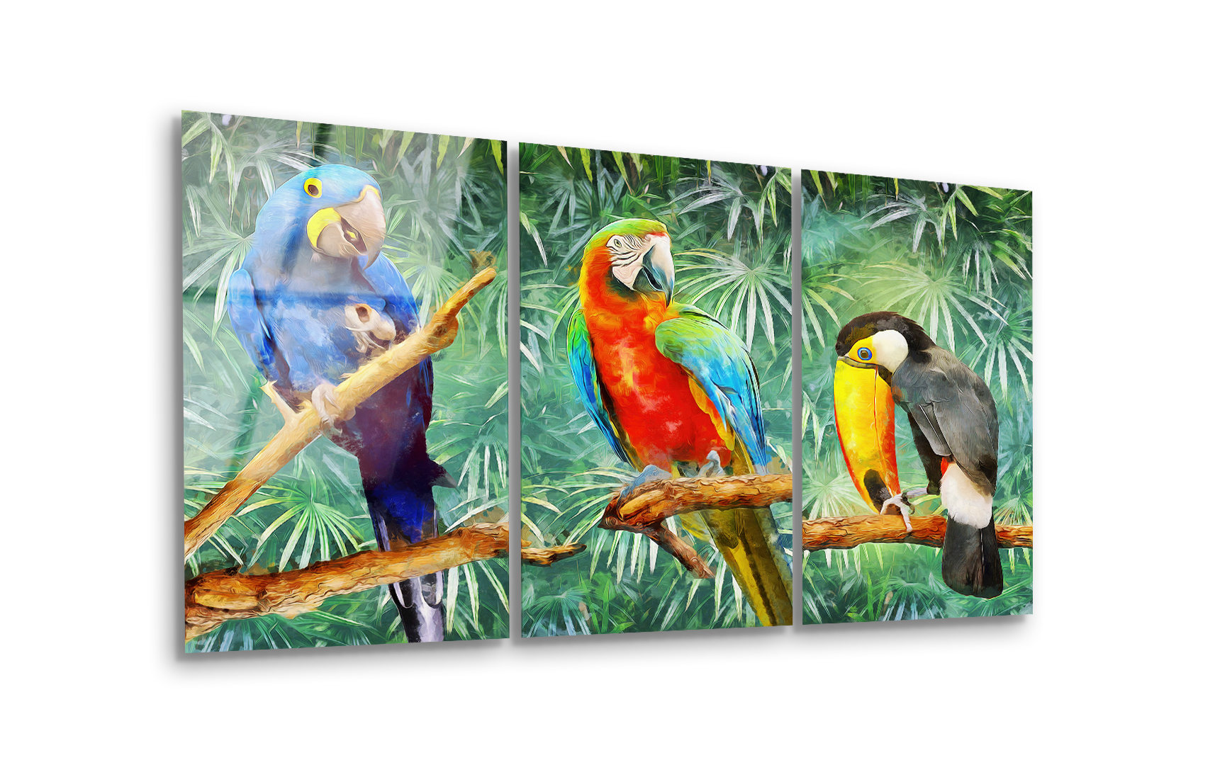Mega Size Modern Oil Painting of Parrots Trio | Premium HD Metal Wall Art