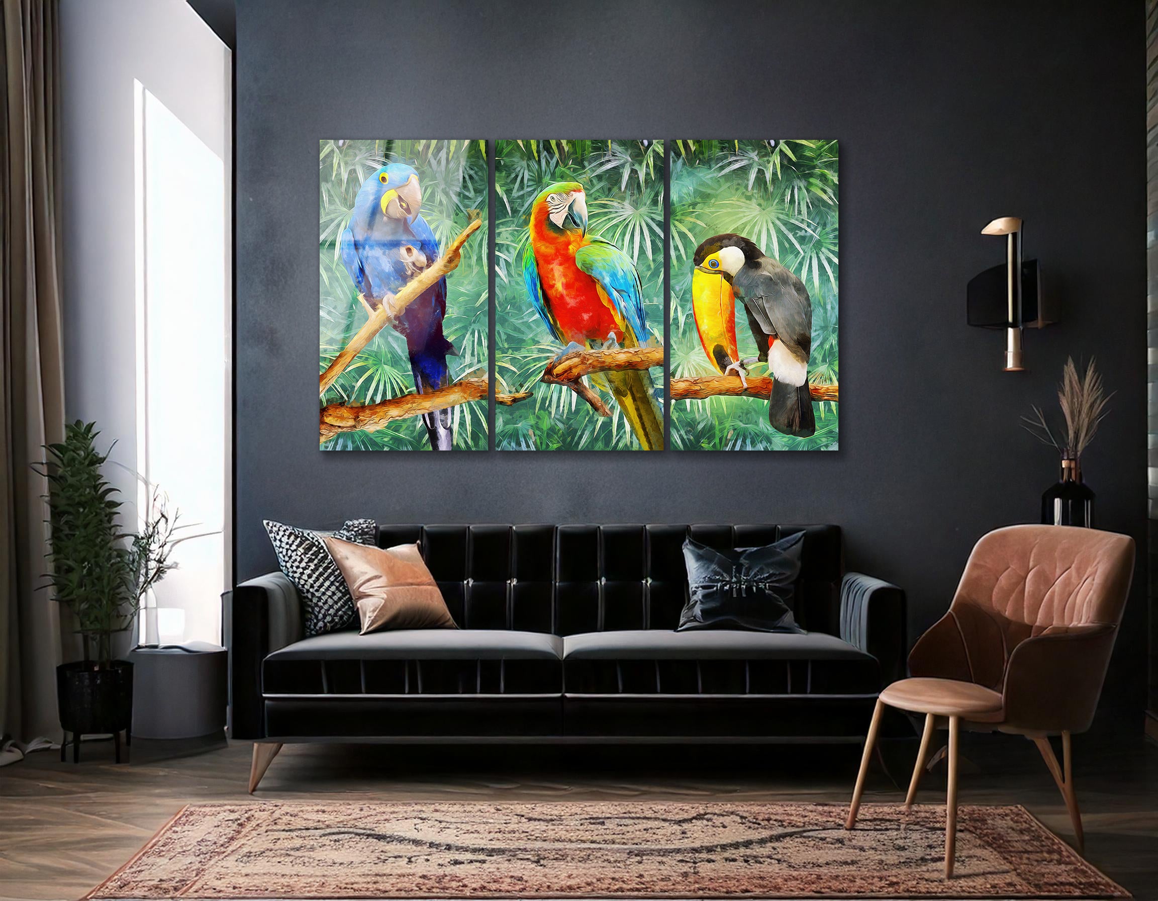 Mega Size Modern Oil Painting of Parrots Trio | Premium HD Metal Wall Art