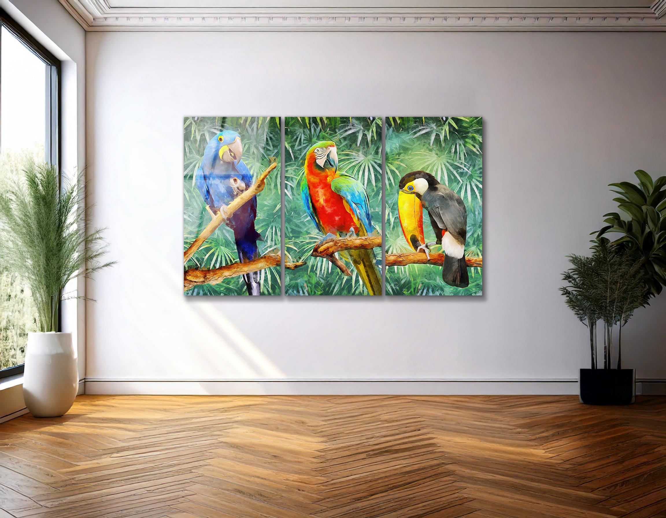 Mega Size Modern Oil Painting of Parrots Trio | Premium HD Metal Wall Art