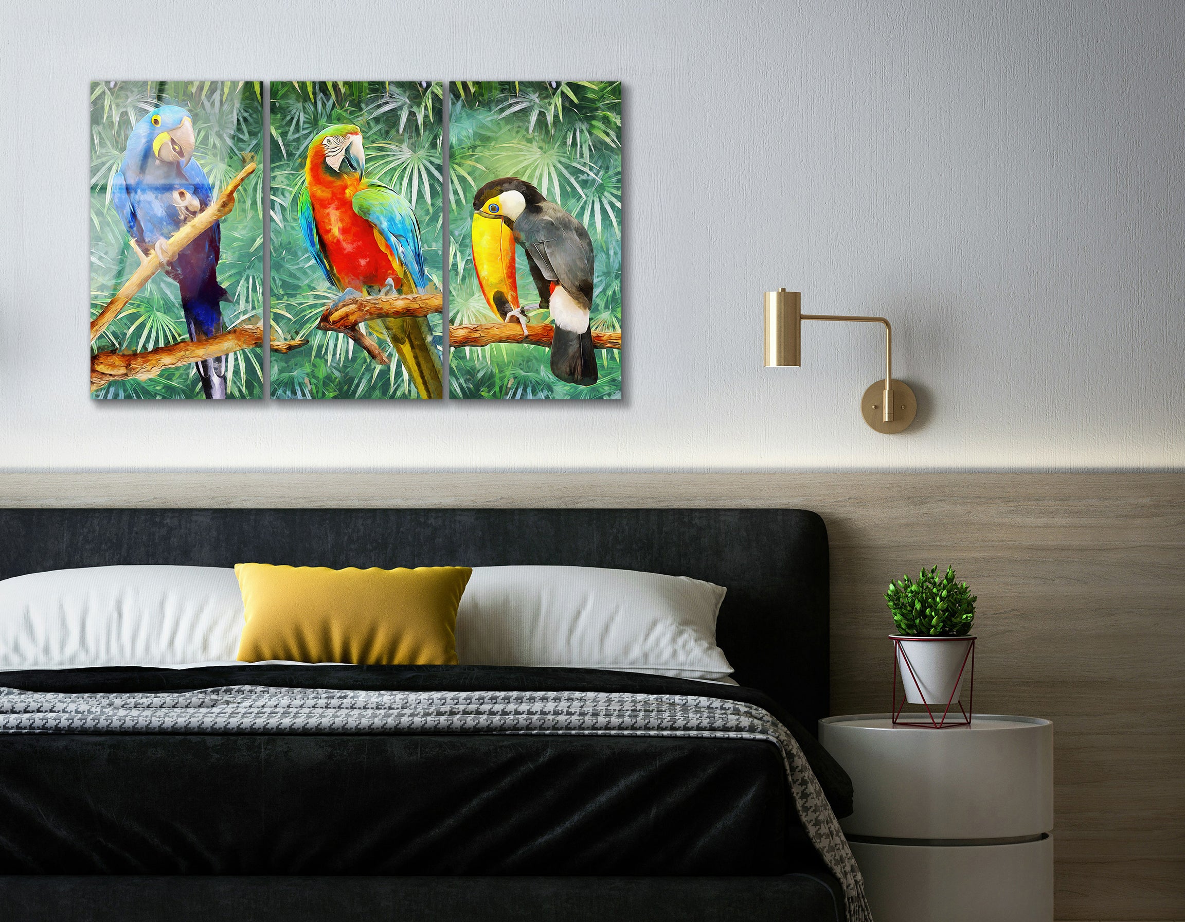 Mega Size Modern Oil Painting of Parrots Trio | Premium HD Metal Wall Art