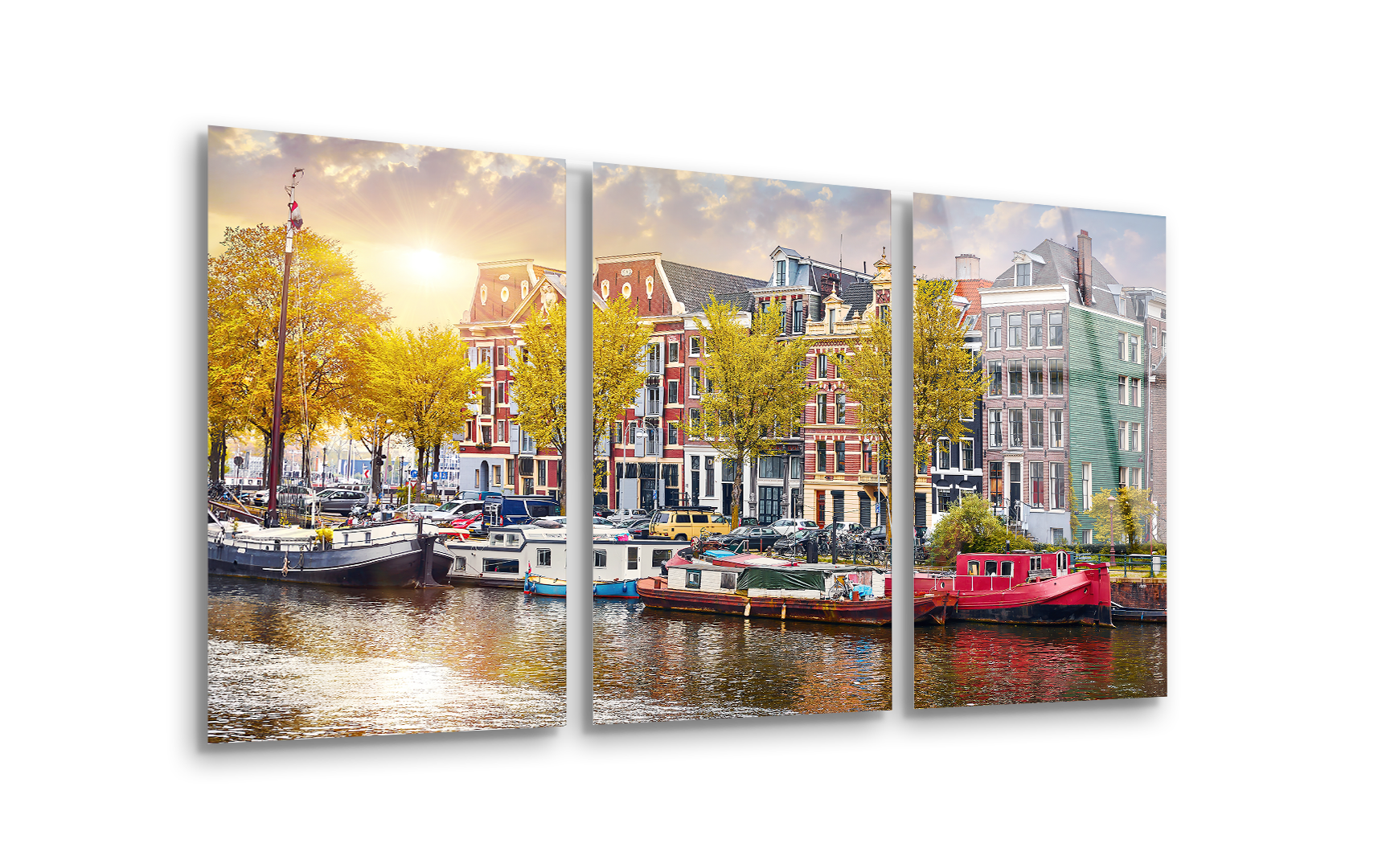 Mega Size Amsterdam Dancing Houses on River Amstel Trio | Premium HD Metal Wall Art