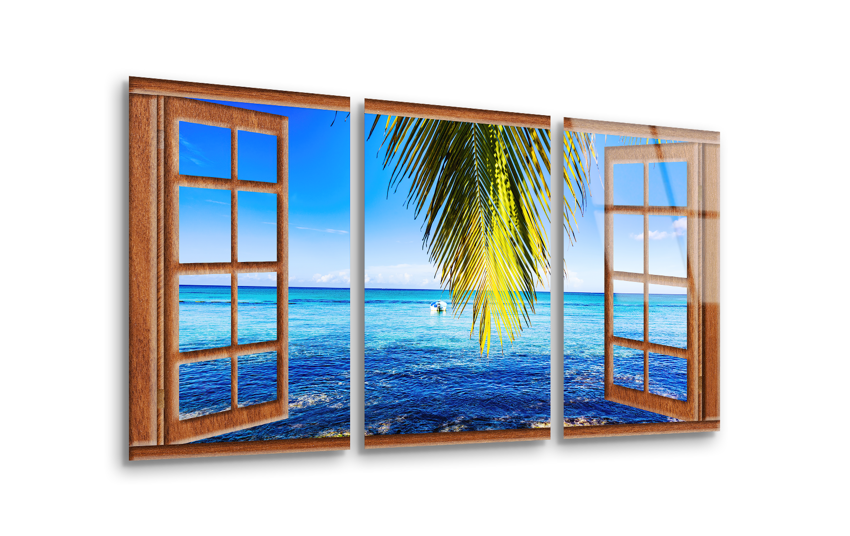 Mega Size Open Window View of the Sea Trio | Premium HD Metal Wall Art